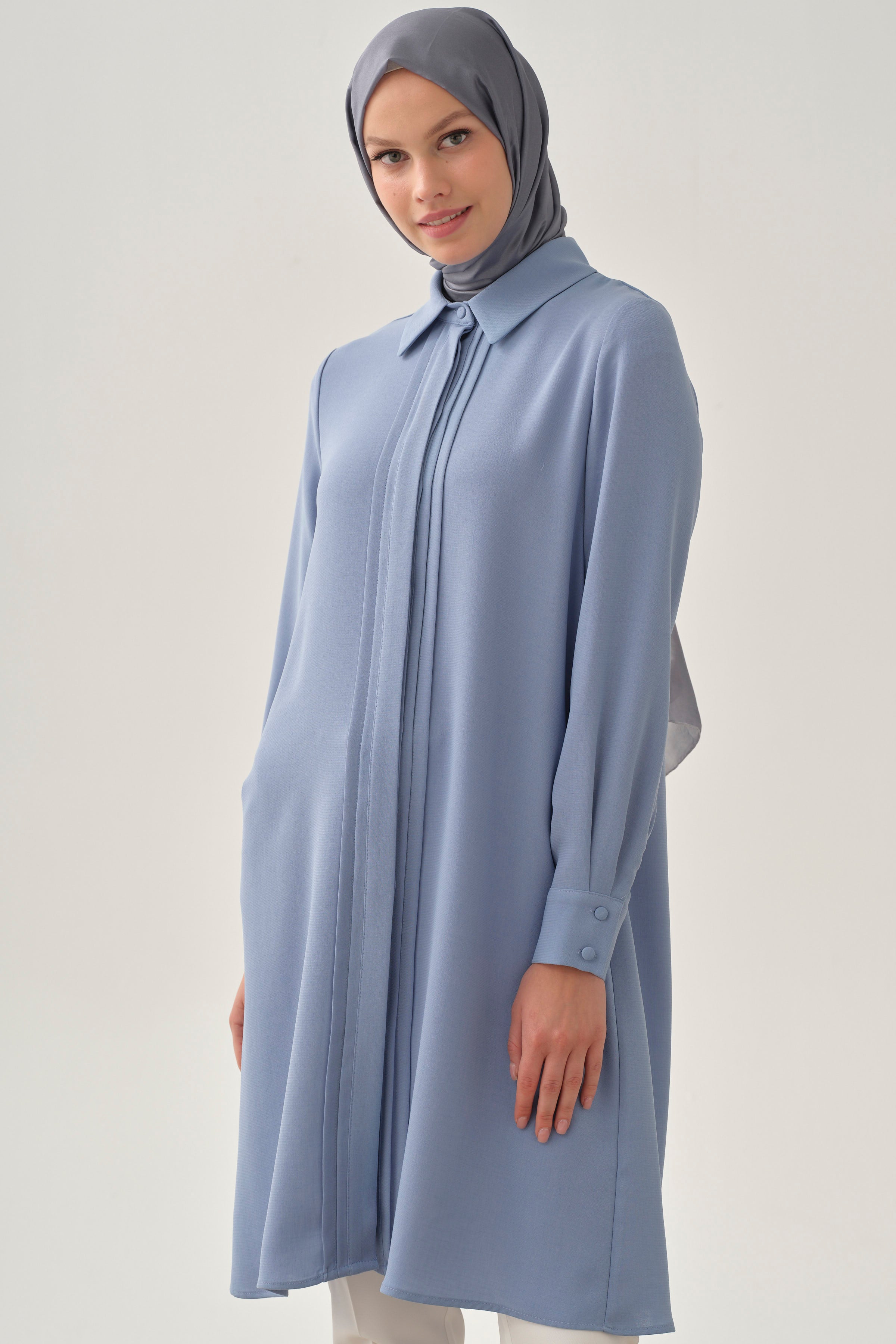 Patı Pile Detaylı Tunik - Açık Mavi TUGBA