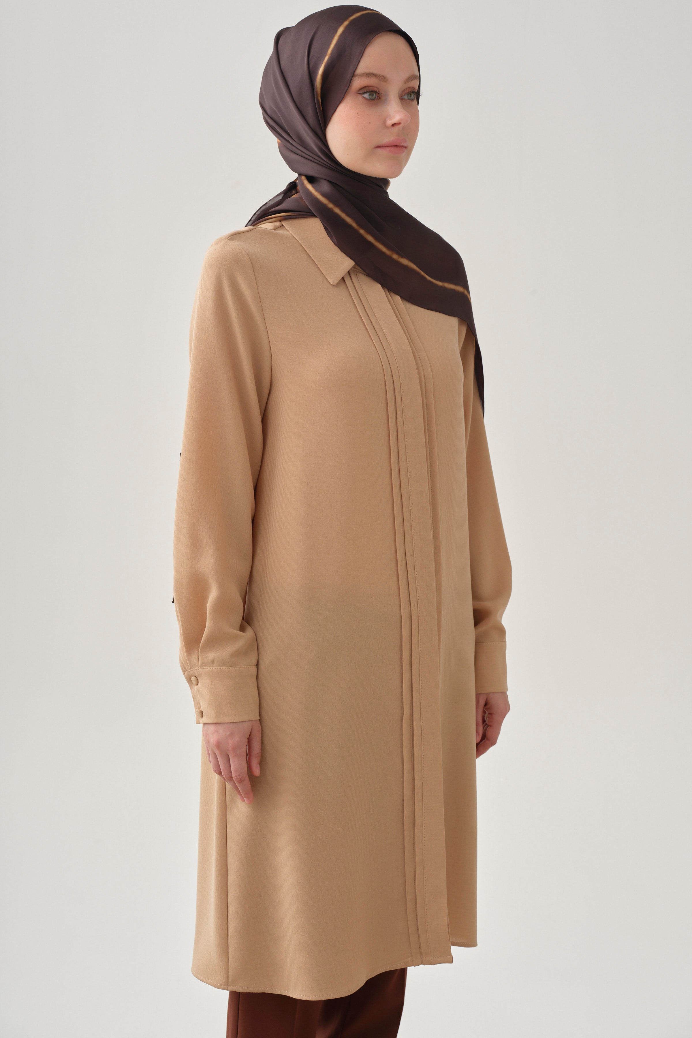Patı Pile Detaylı Tunik - Bej TUGBA