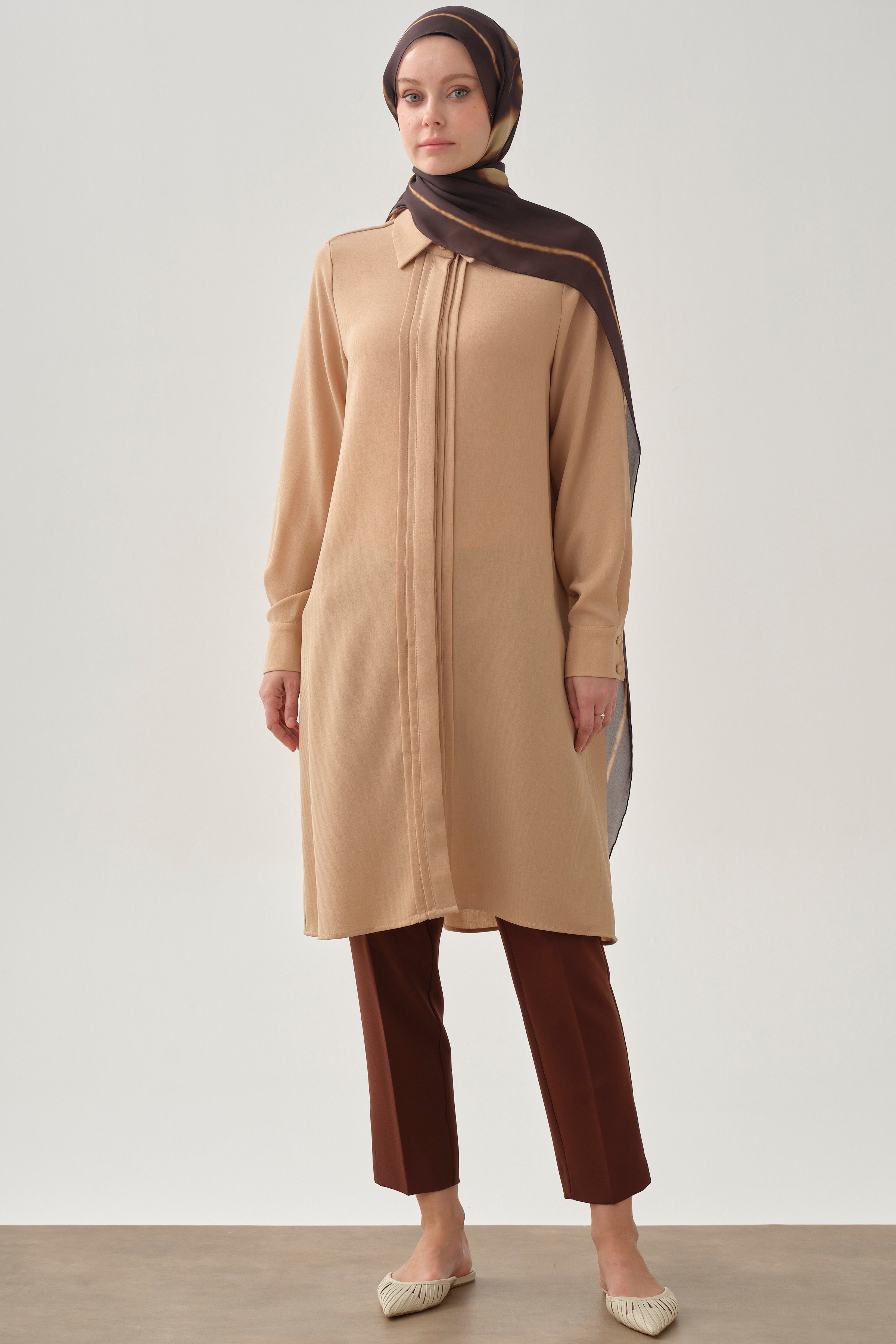 Patı Pile Detaylı Tunik - Bej TUGBA