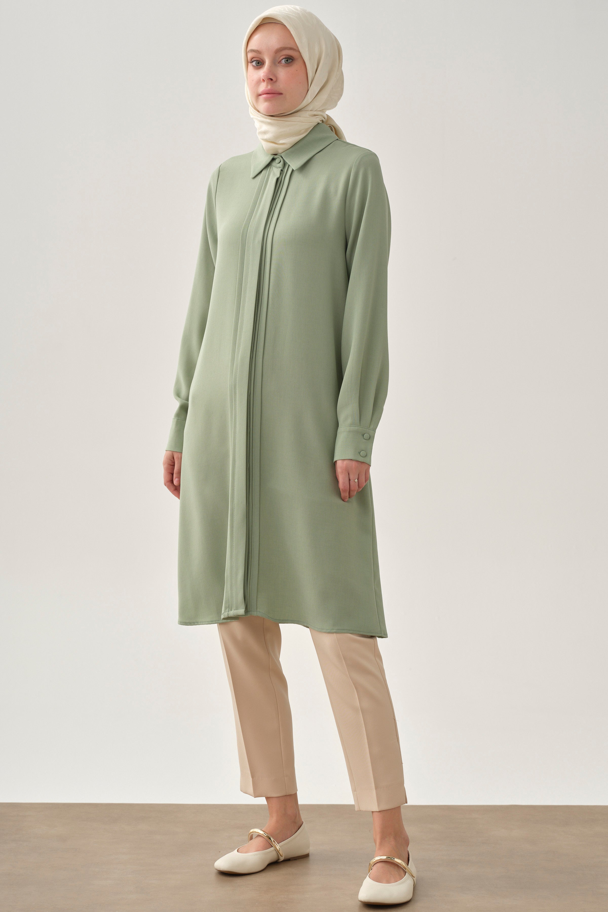 Patı Pile Detaylı Tunik - Su Yeşili TUGBA