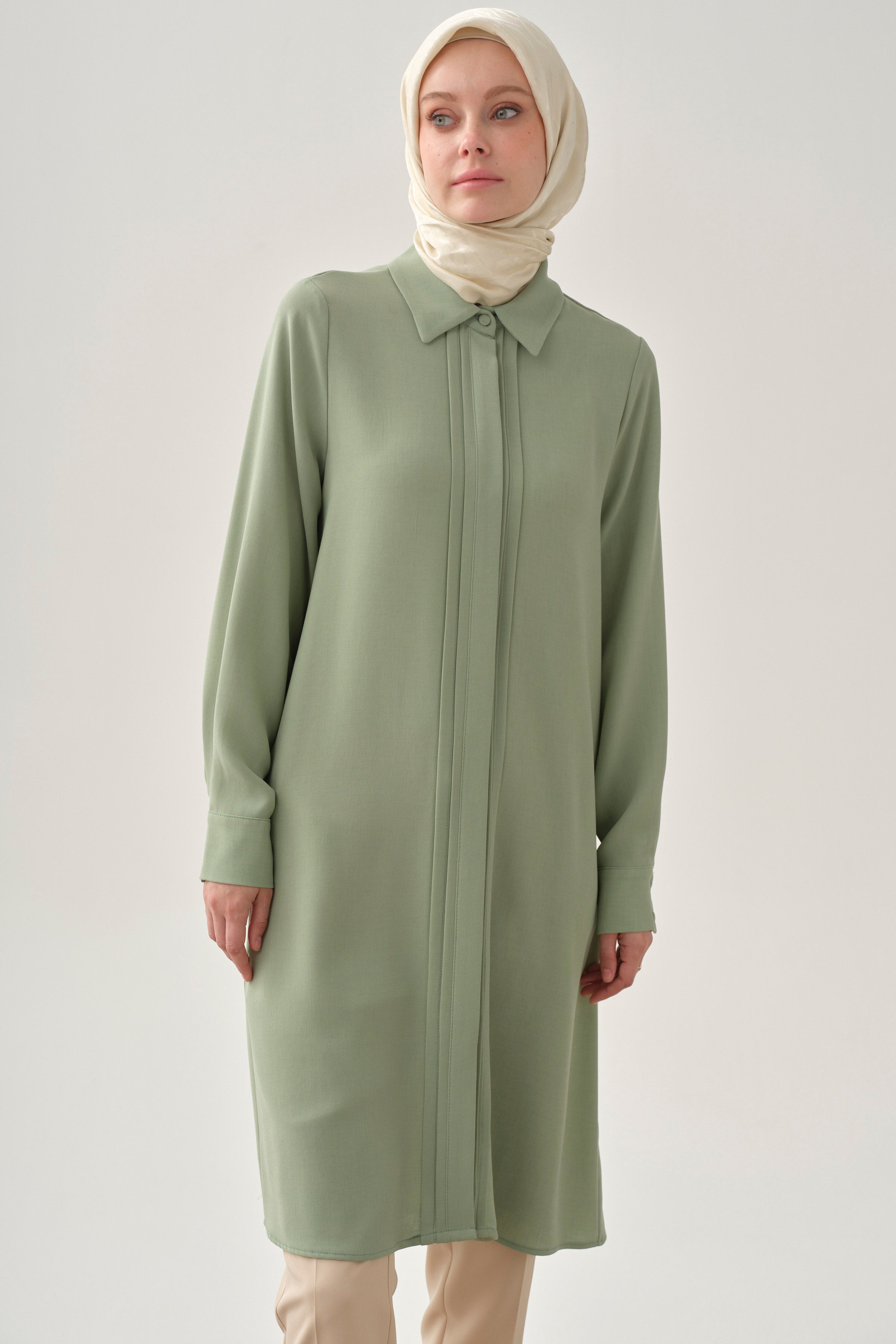 Patı Pile Detaylı Tunik - Su Yeşili TUGBA