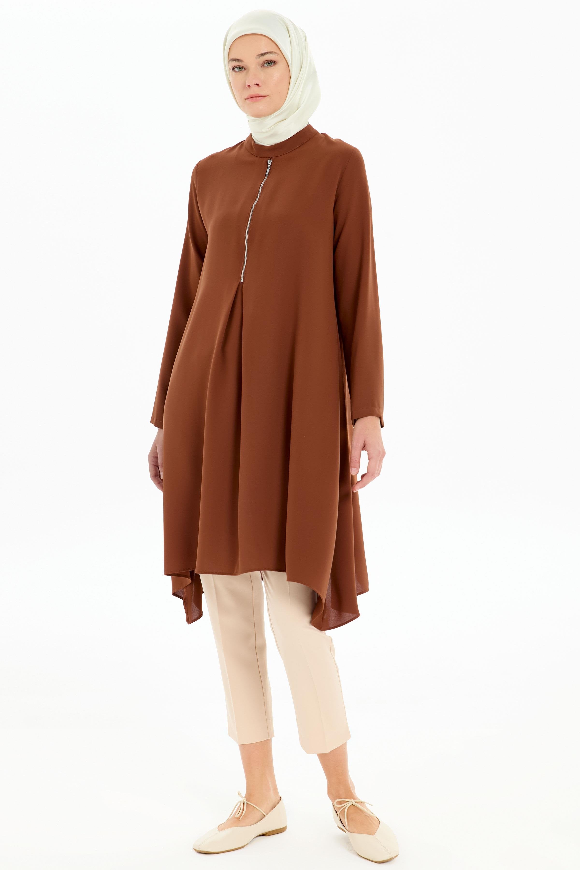 Pile Detaylı Asimetrik Kesim Tunik - Kahve TUGBA