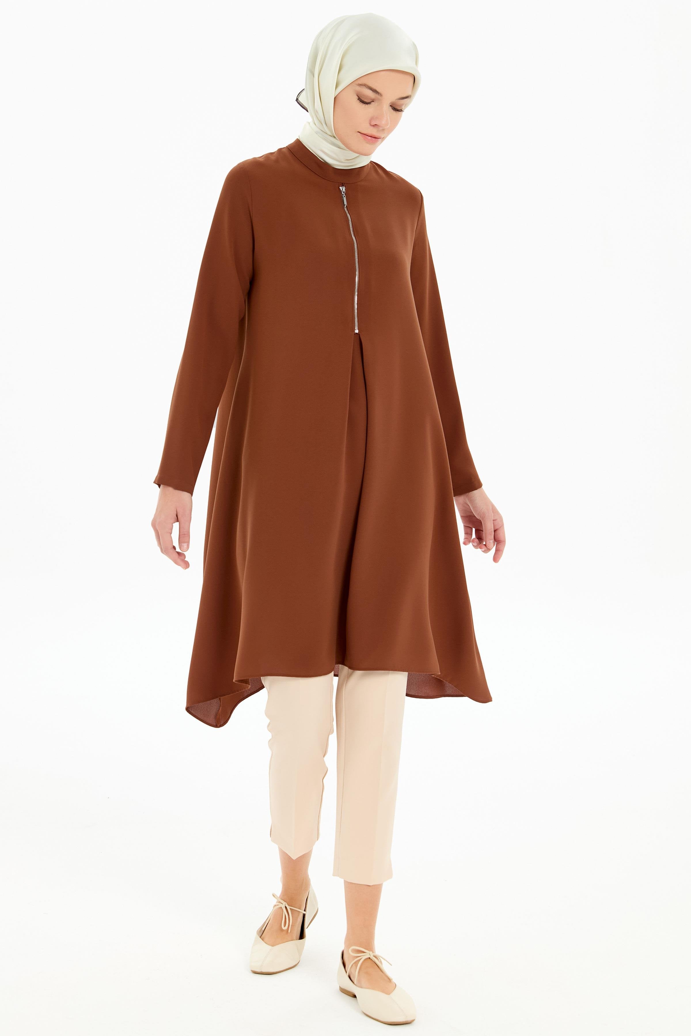 Pile Detaylı Asimetrik Kesim Tunik - Kahve TUGBA