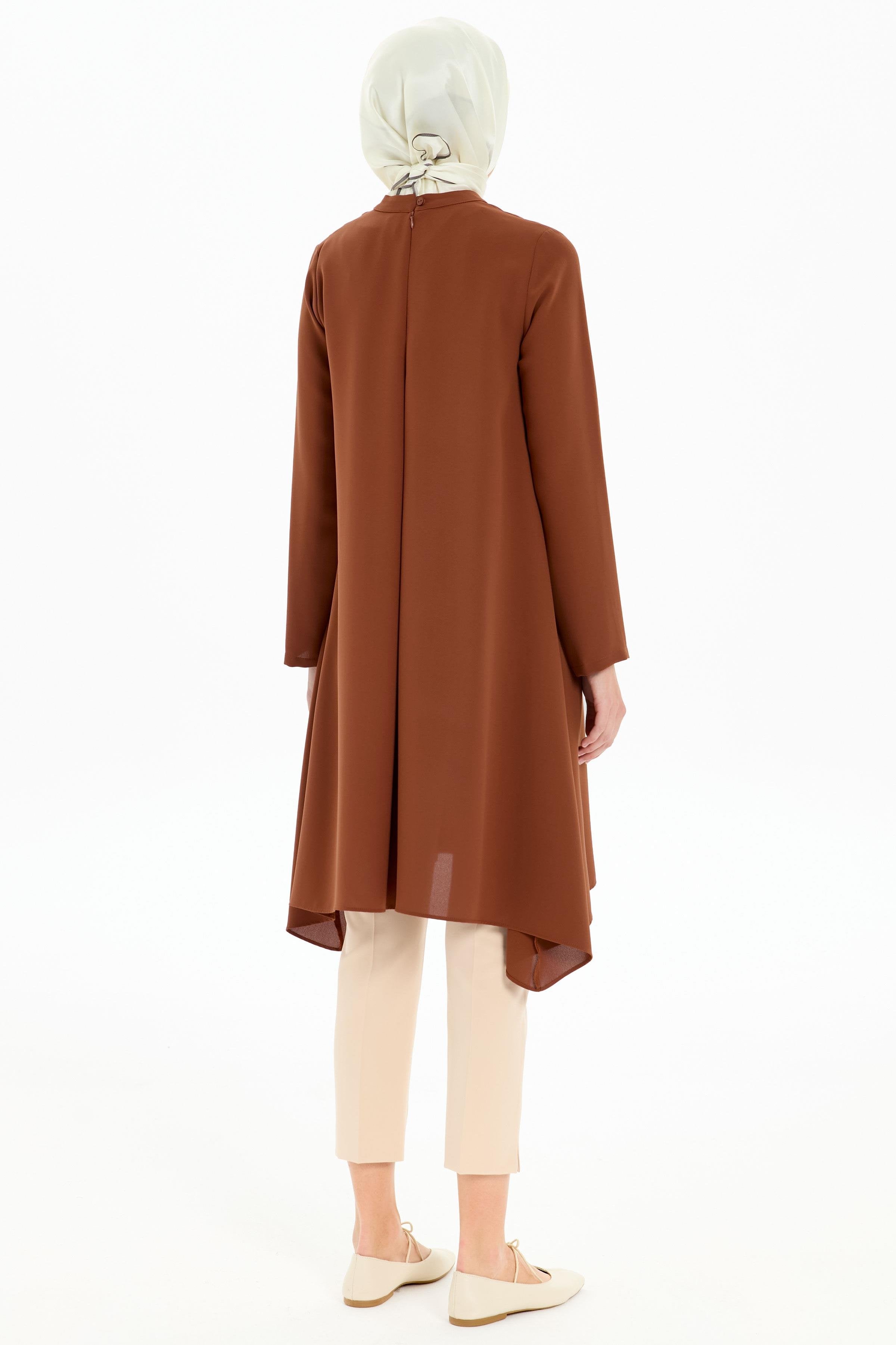 Pile Detaylı Asimetrik Kesim Tunik - Kahve TUGBA