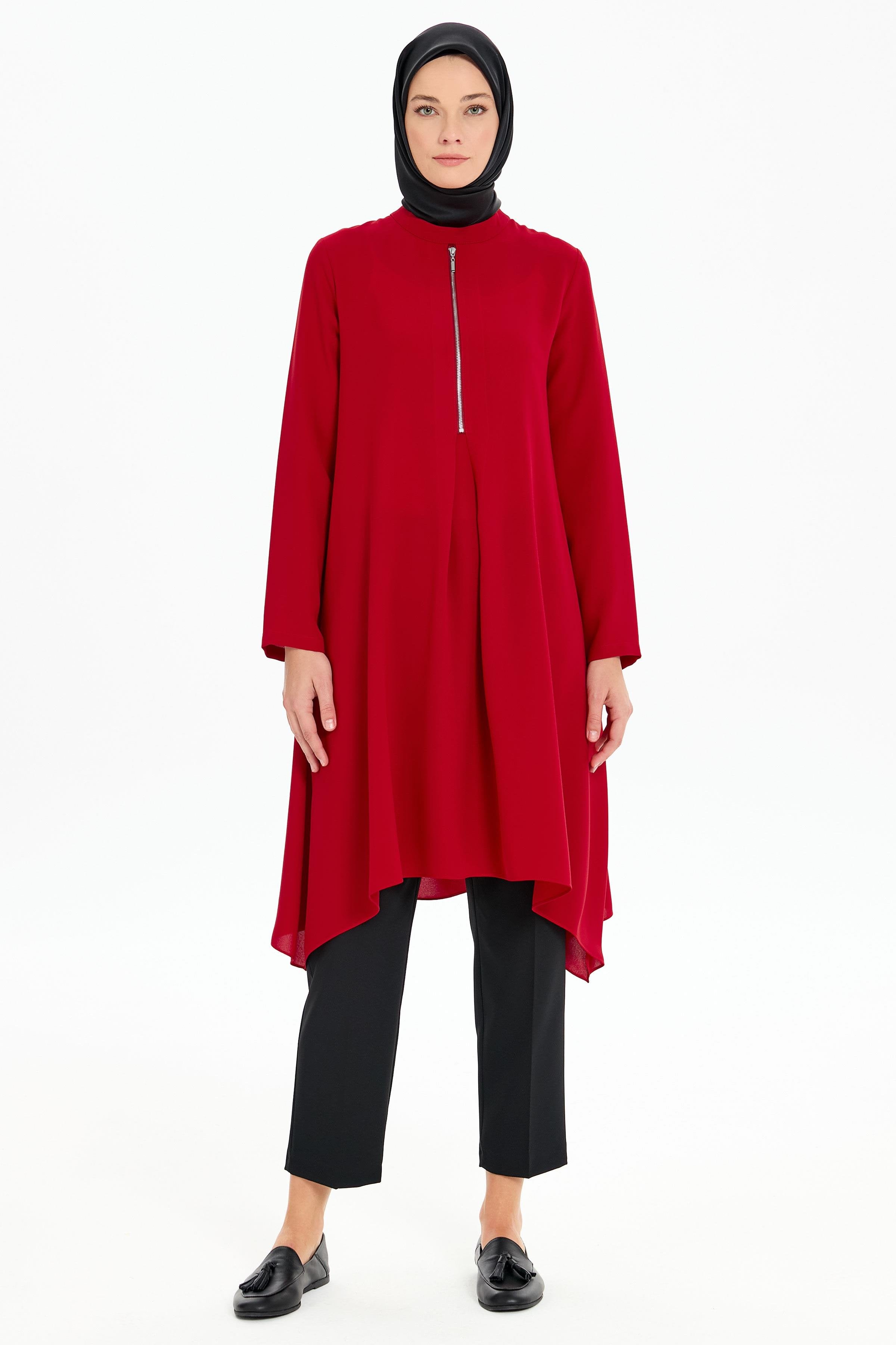 Pile Detaylı Asimetrik Kesim Tunik - Kırmızı TUGBA