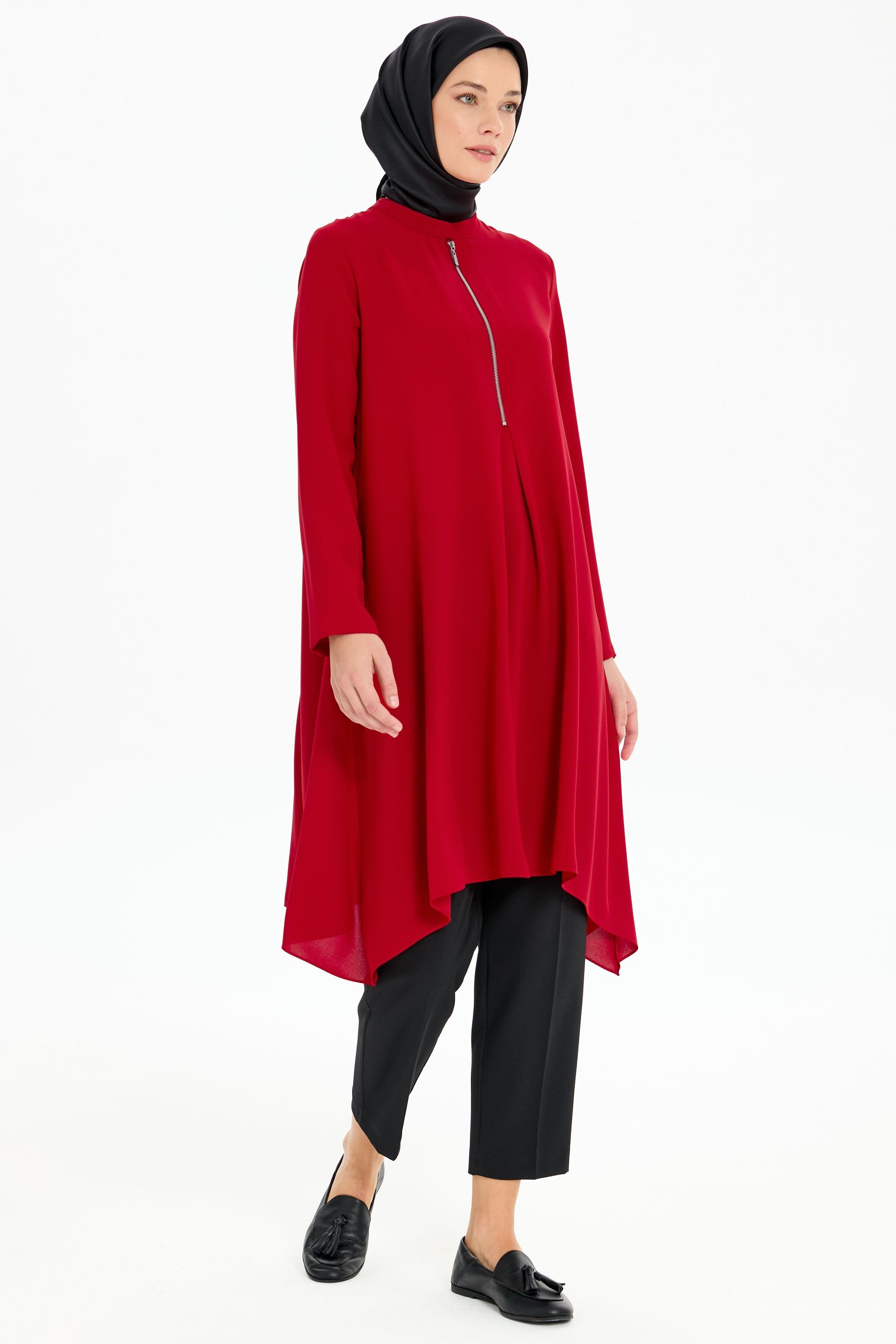 Pile Detaylı Asimetrik Kesim Tunik - Kırmızı TUGBA