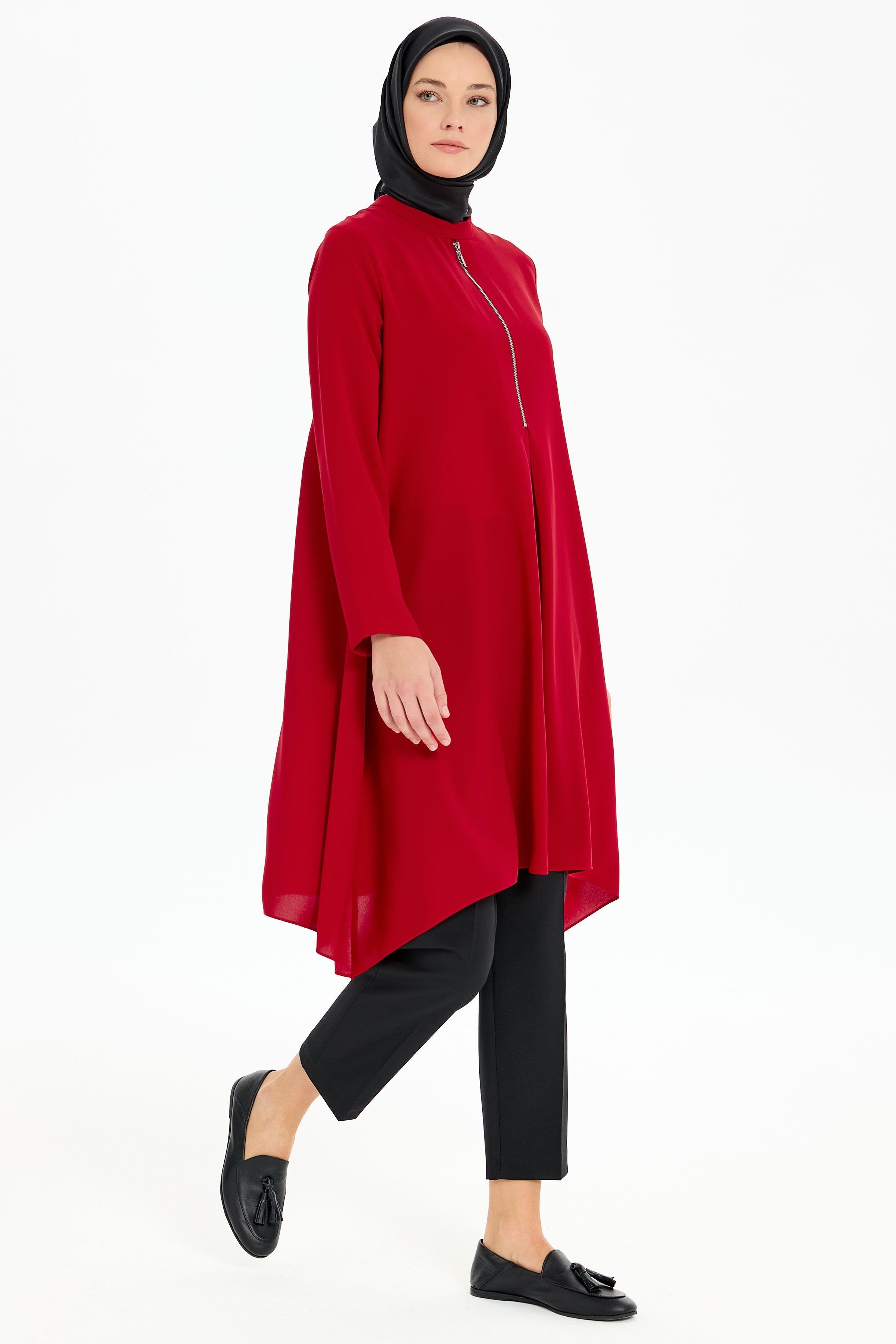 Pile Detaylı Asimetrik Kesim Tunik - Kırmızı TUGBA