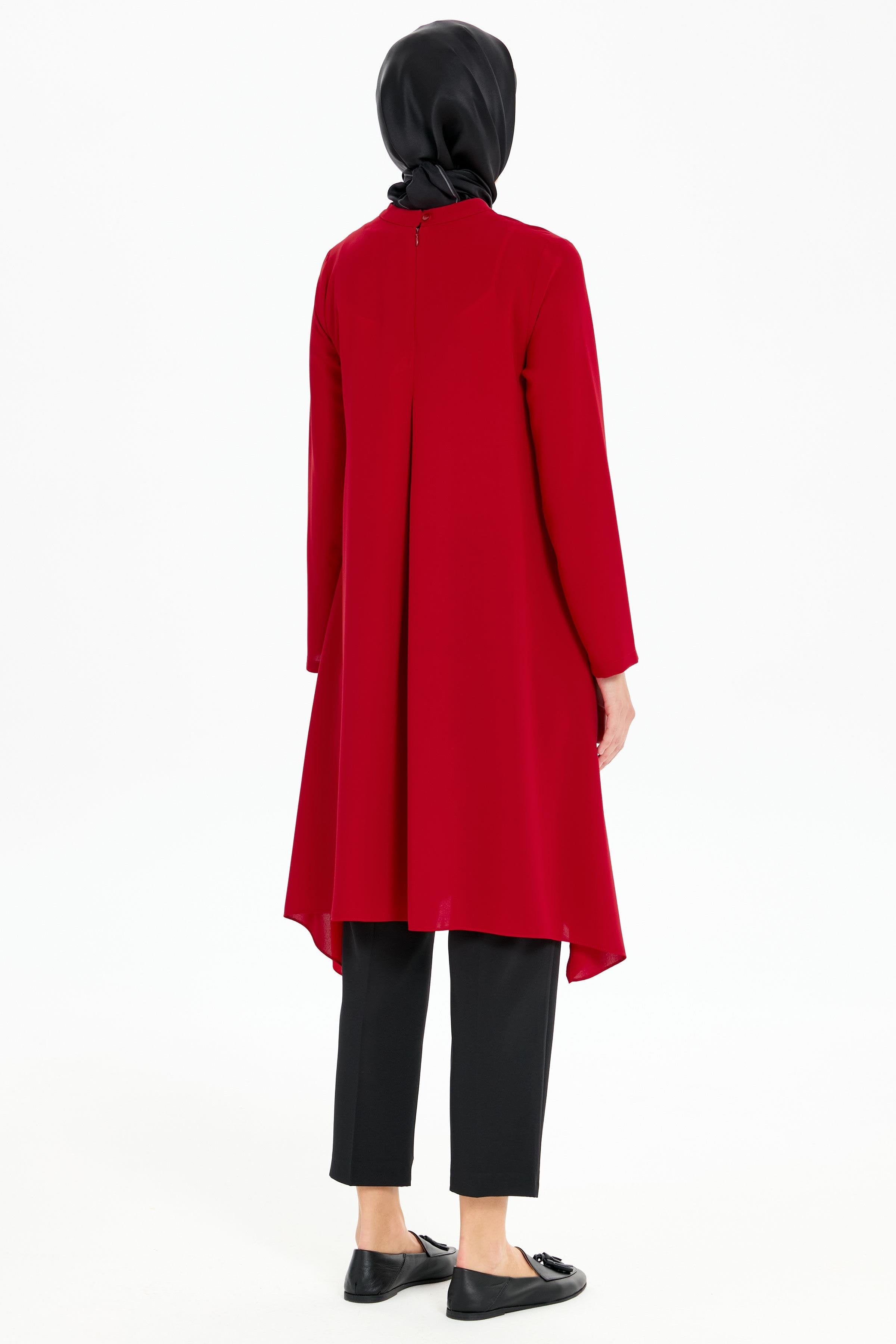 Pile Detaylı Asimetrik Kesim Tunik - Kırmızı TUGBA