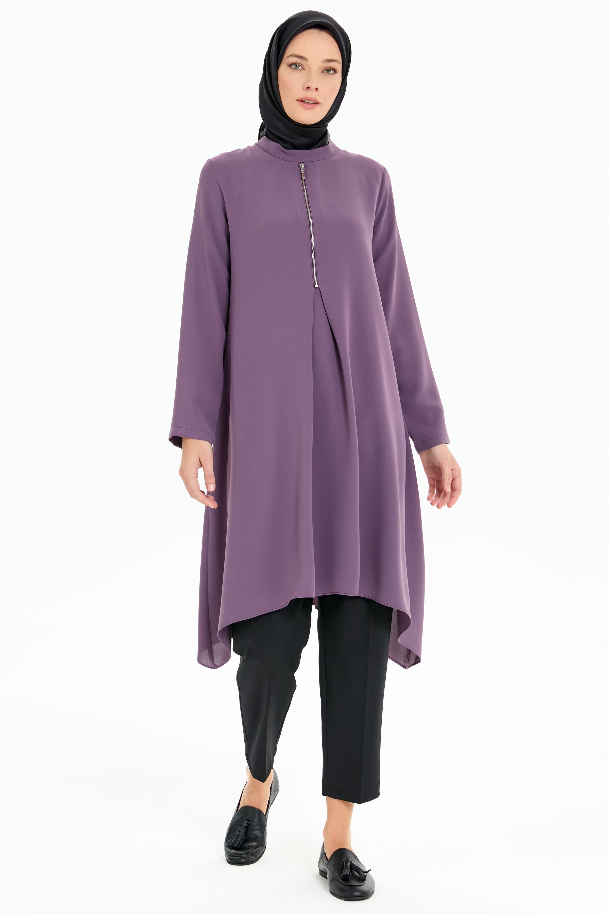 Pile Detaylı Asimetrik Kesim Tunik - Mor TUGBA