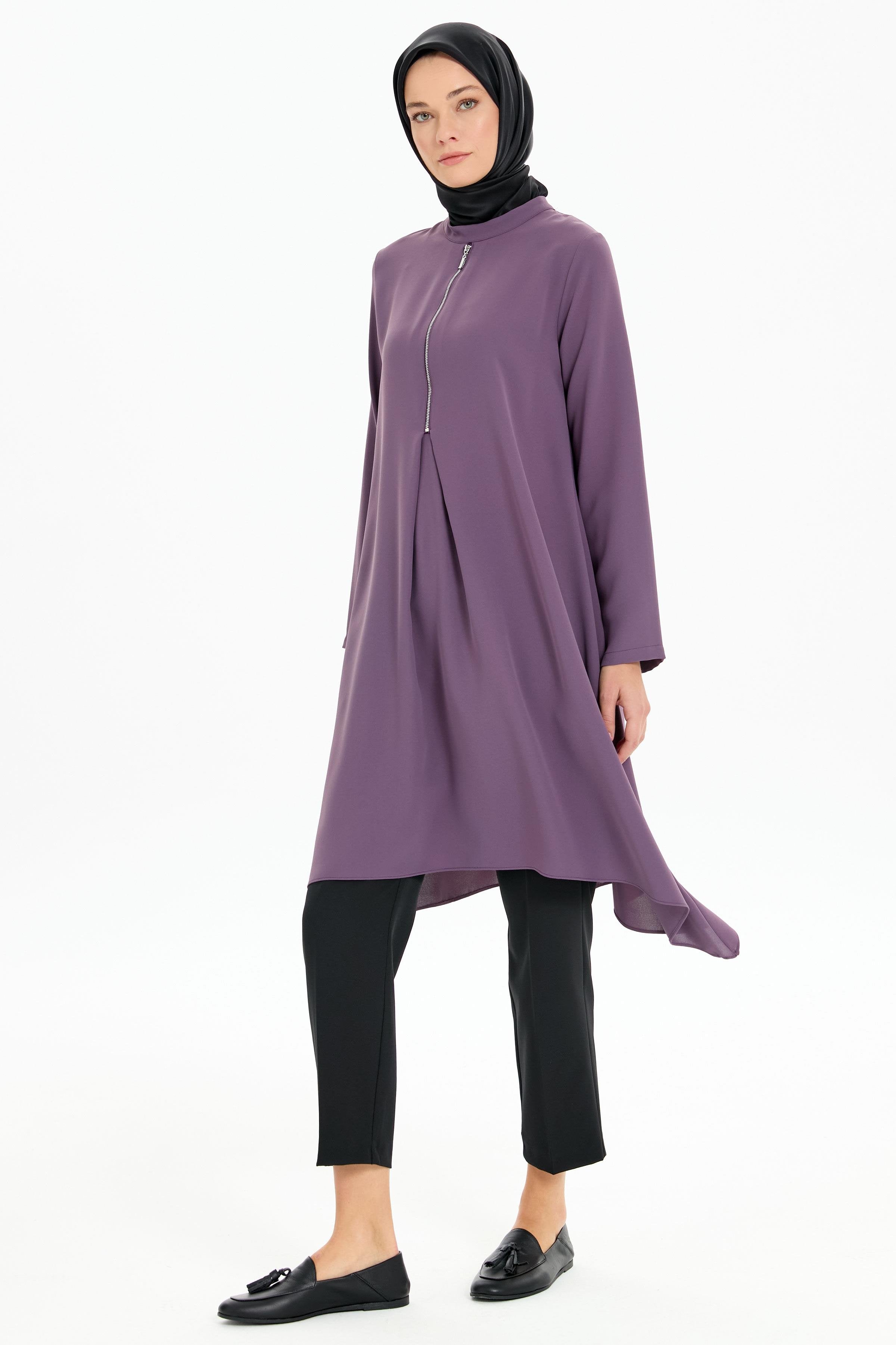 Pile Detaylı Asimetrik Kesim Tunik - Mor TUGBA