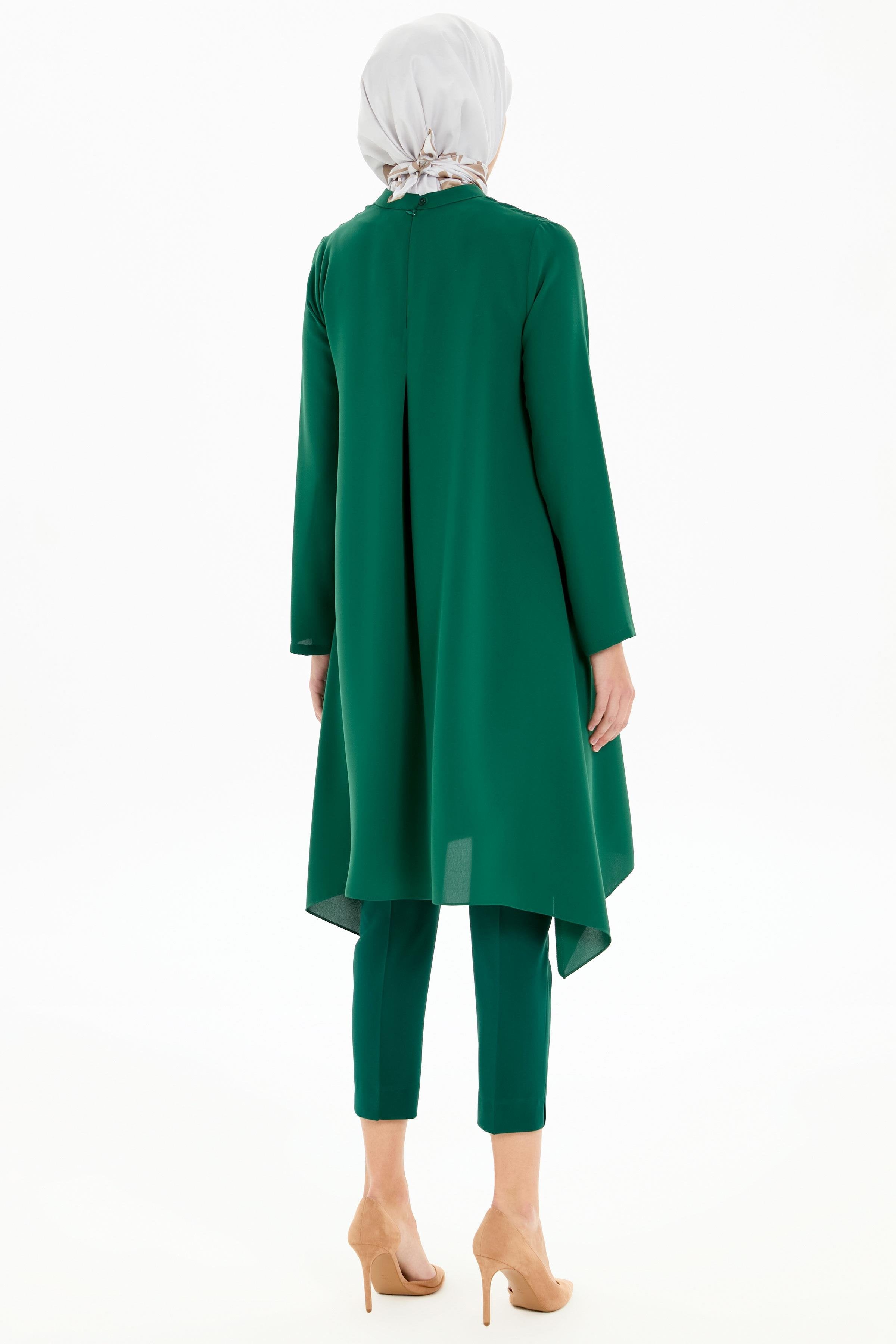 Pile Detaylı Asimetrik Kesim Tunik - Yeşil TUGBA