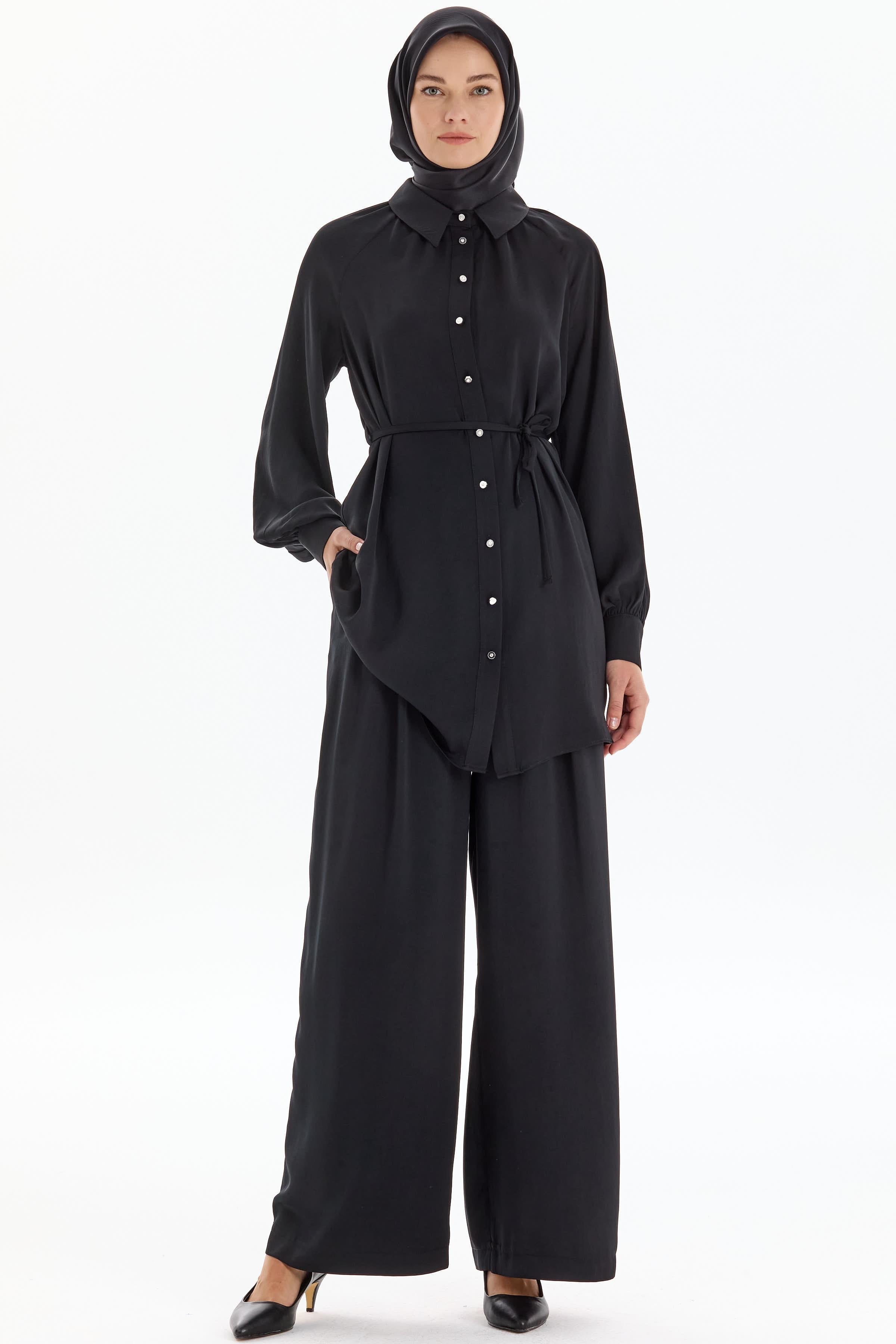 Pile Detaylı Bol Paça Pantolon - Siyah TUGBA