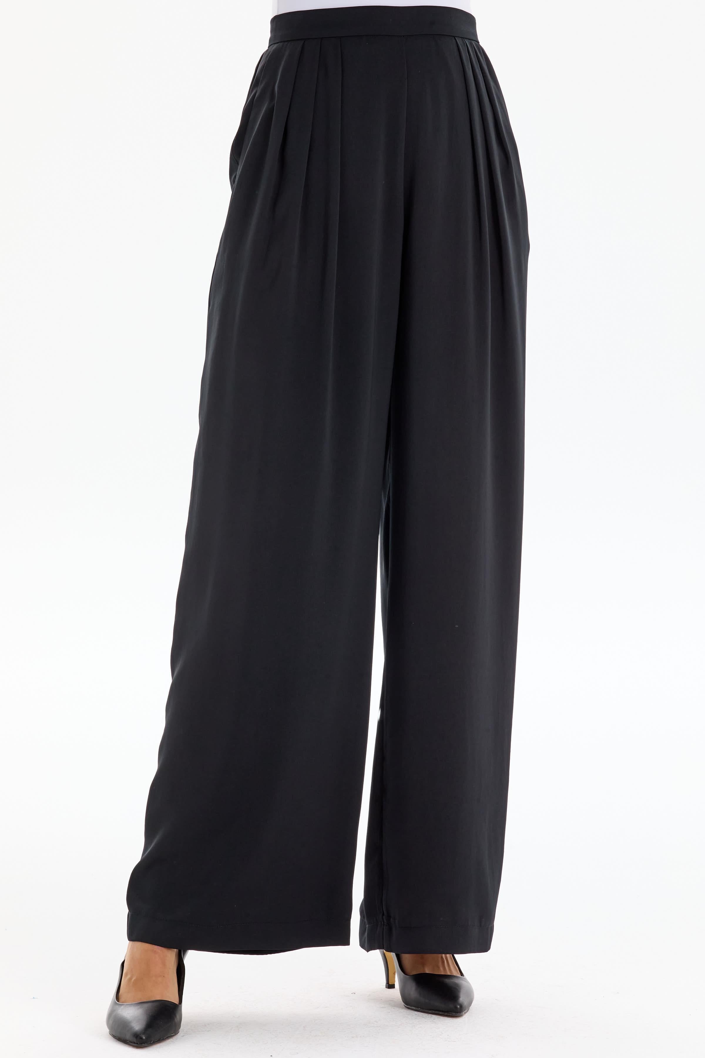 Pile Detaylı Bol Paça Pantolon - Siyah TUGBA