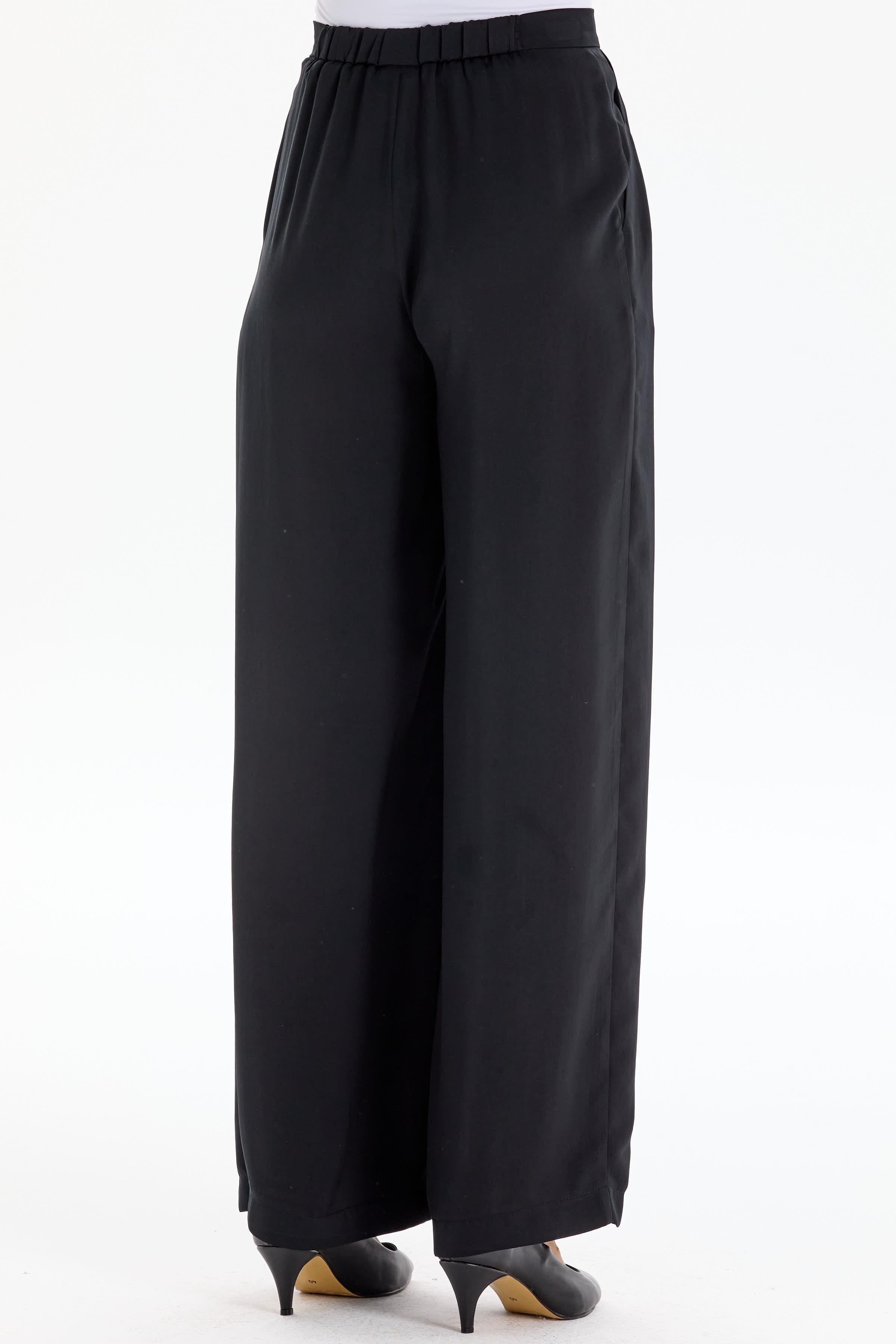 Pile Detaylı Bol Paça Pantolon - Siyah TUGBA