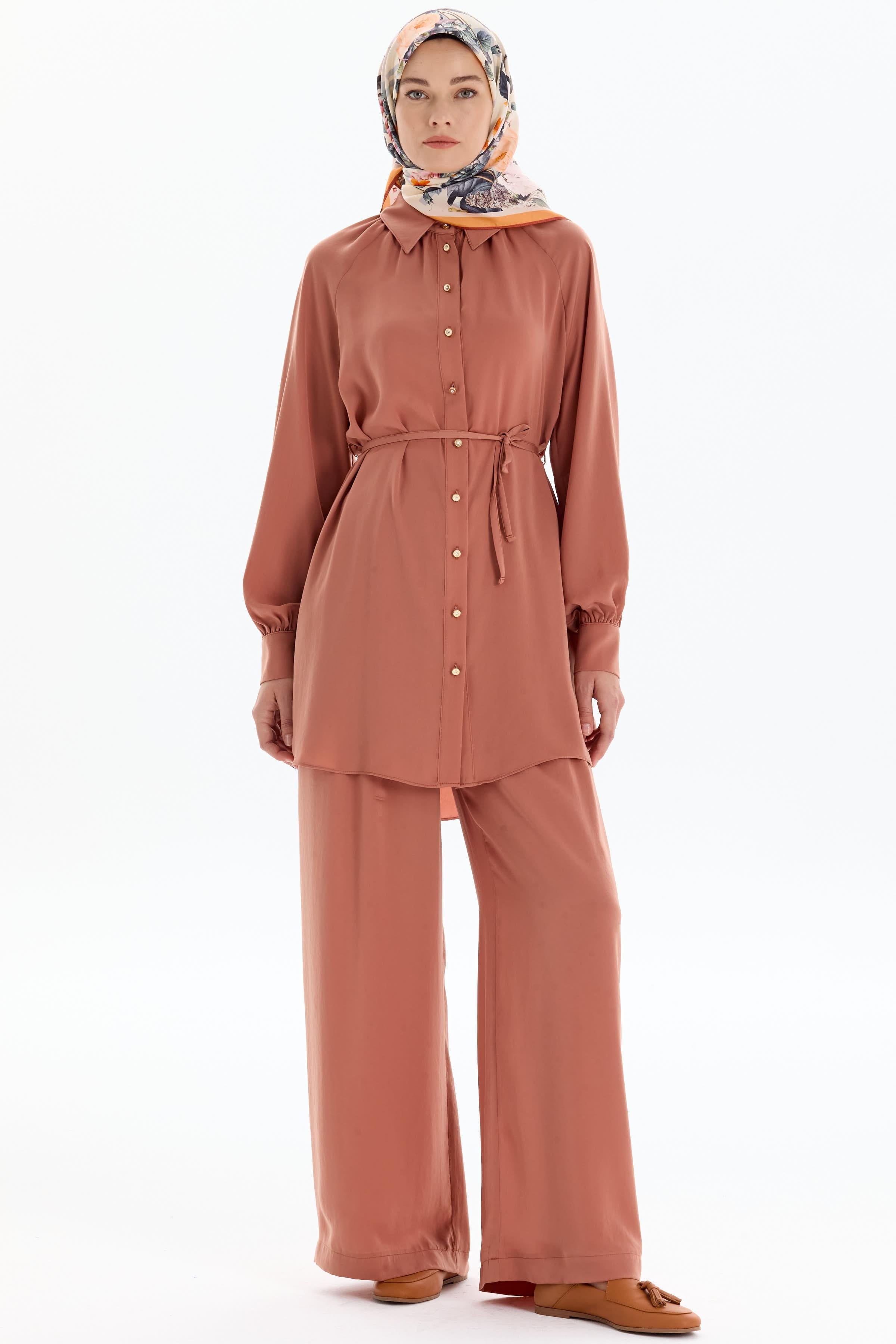 Pile Detaylı Bol Paça Pantolon - Taba TUGBA