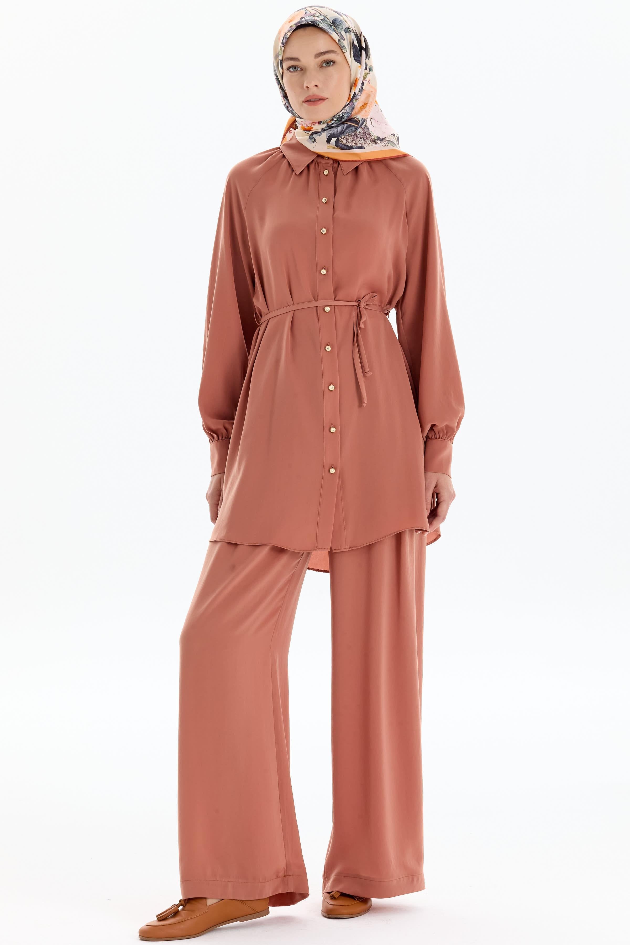 Pile Detaylı Bol Paça Pantolon - Taba TUGBA