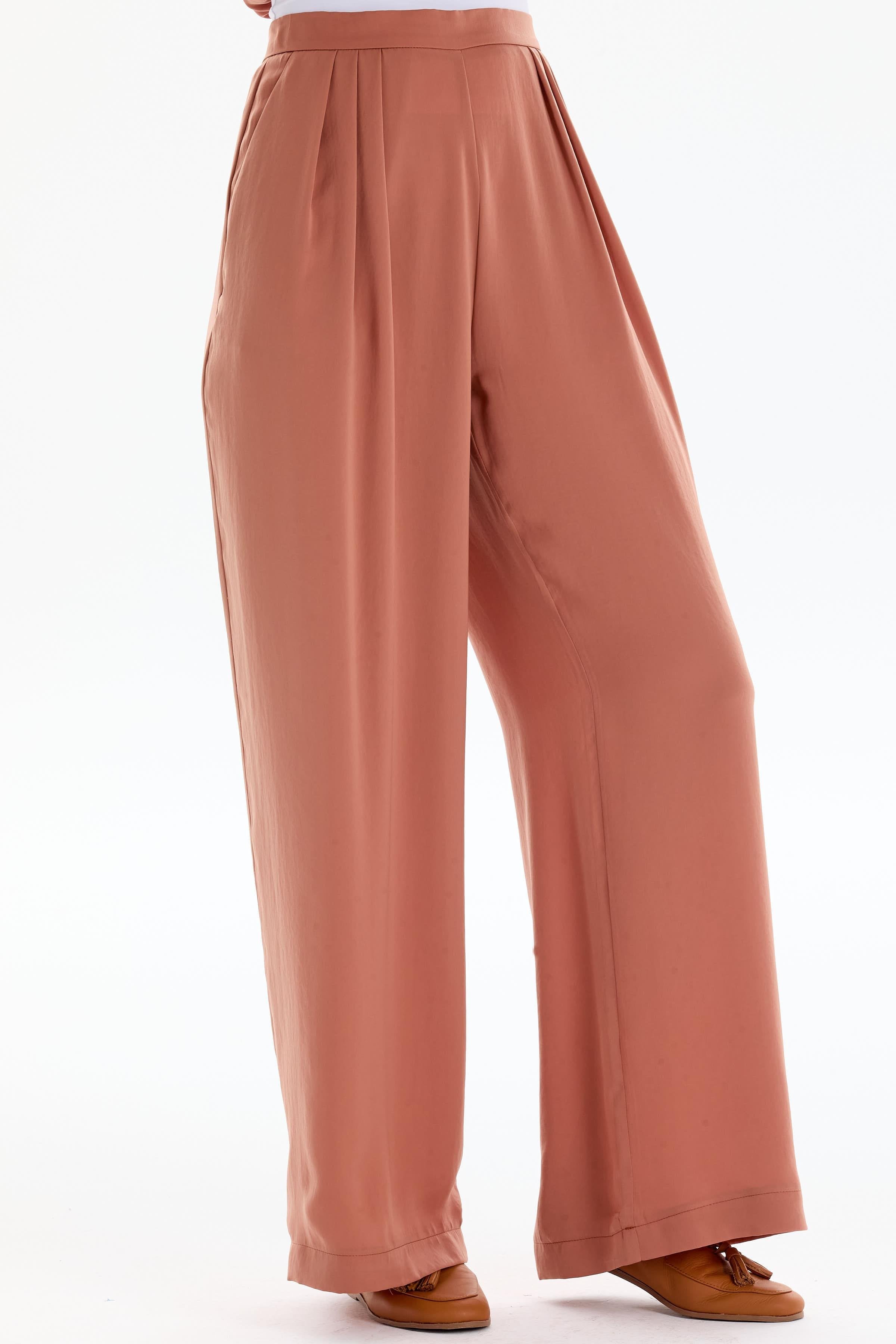 Pile Detaylı Bol Paça Pantolon - Taba TUGBA