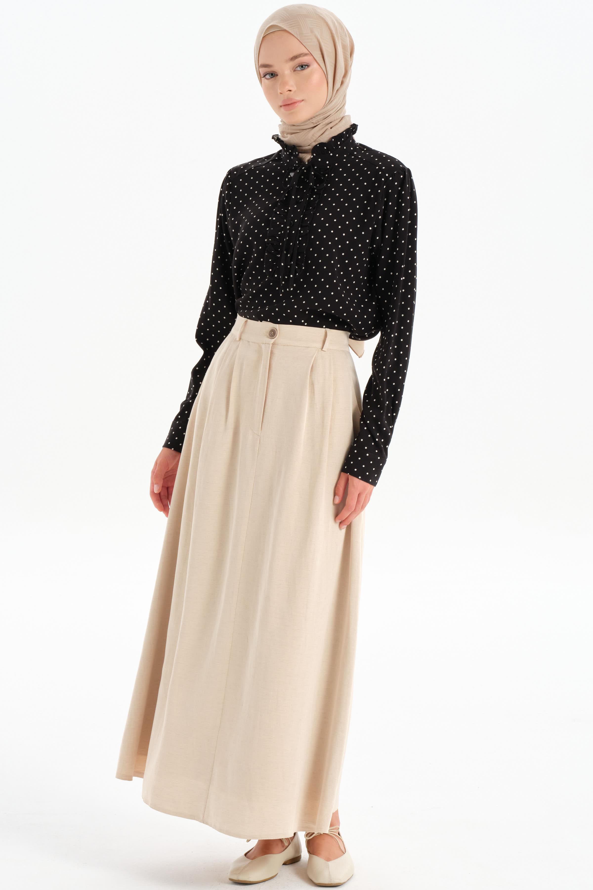 Pile Detaylı Cepli Etek - Bej TUĞBA