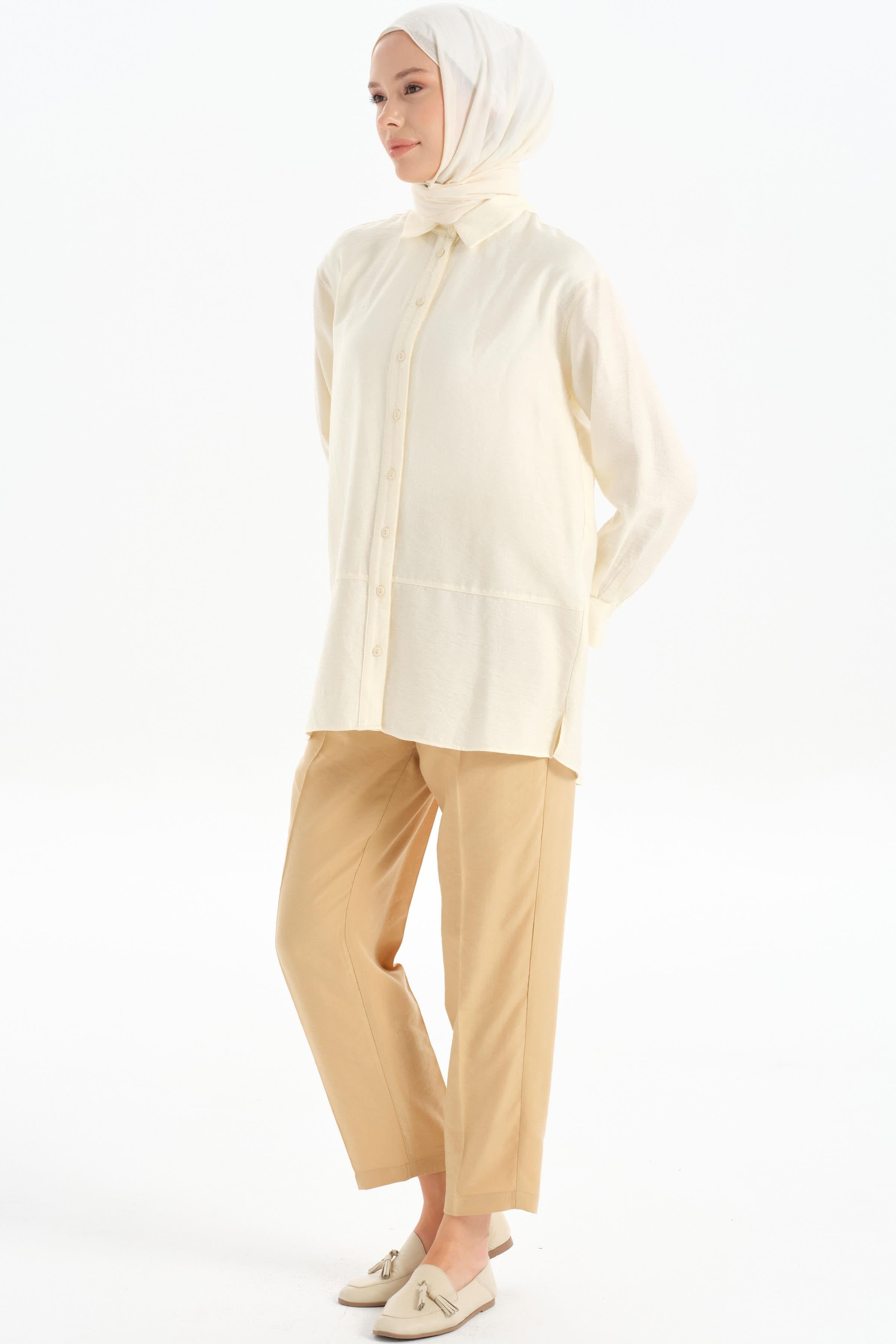 Pile Detaylı Cepli Pantolon - Bej TUGBA