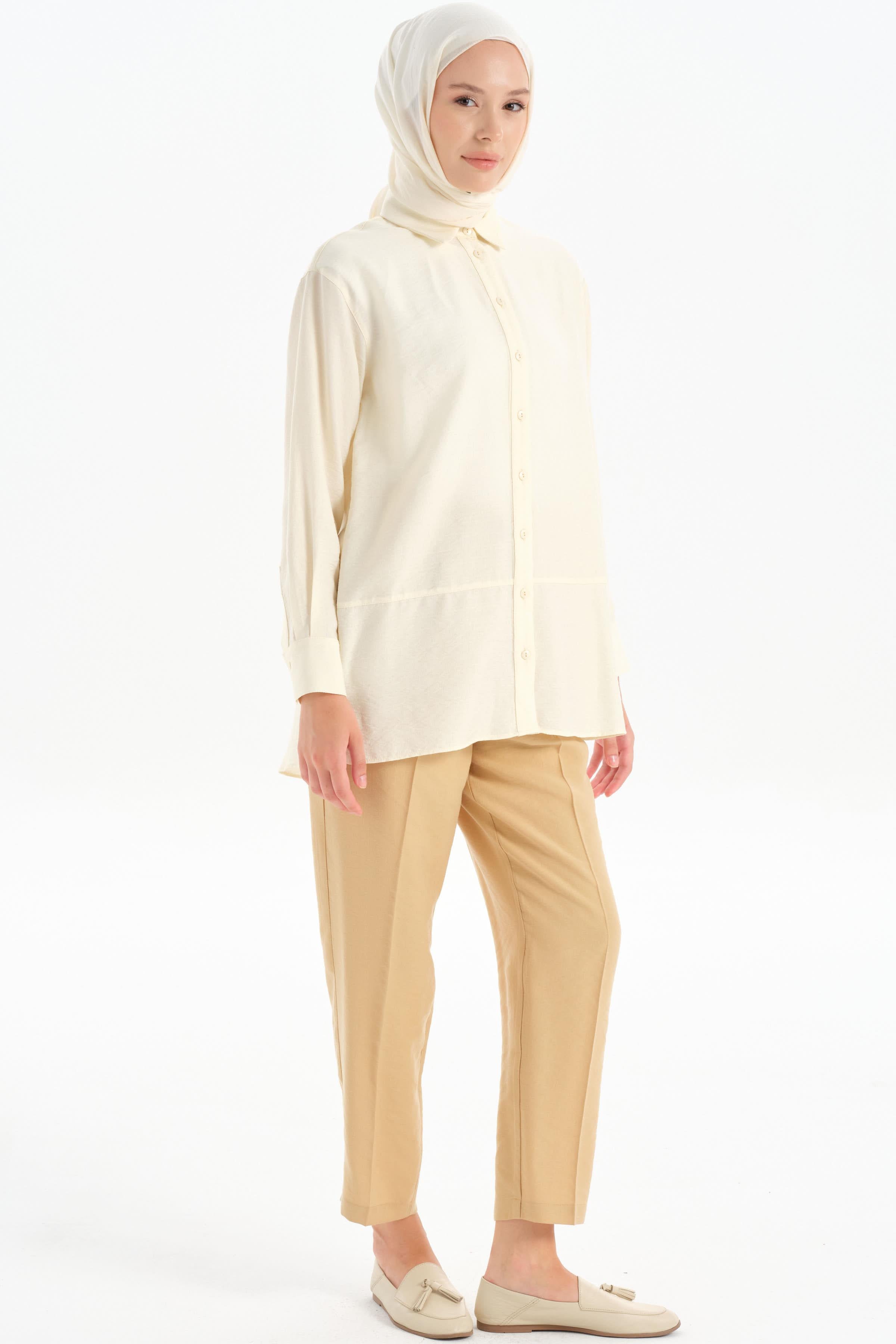 Pile Detaylı Cepli Pantolon - Bej TUGBA