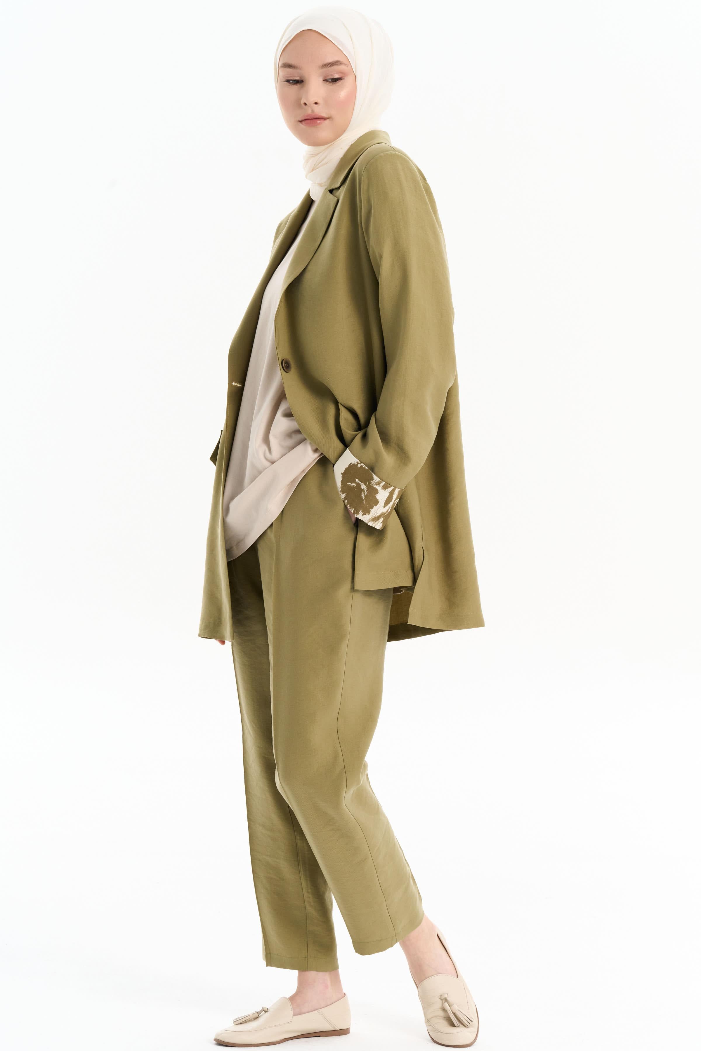 Pile Detaylı Cepli Pantolon - Olive TUGBA