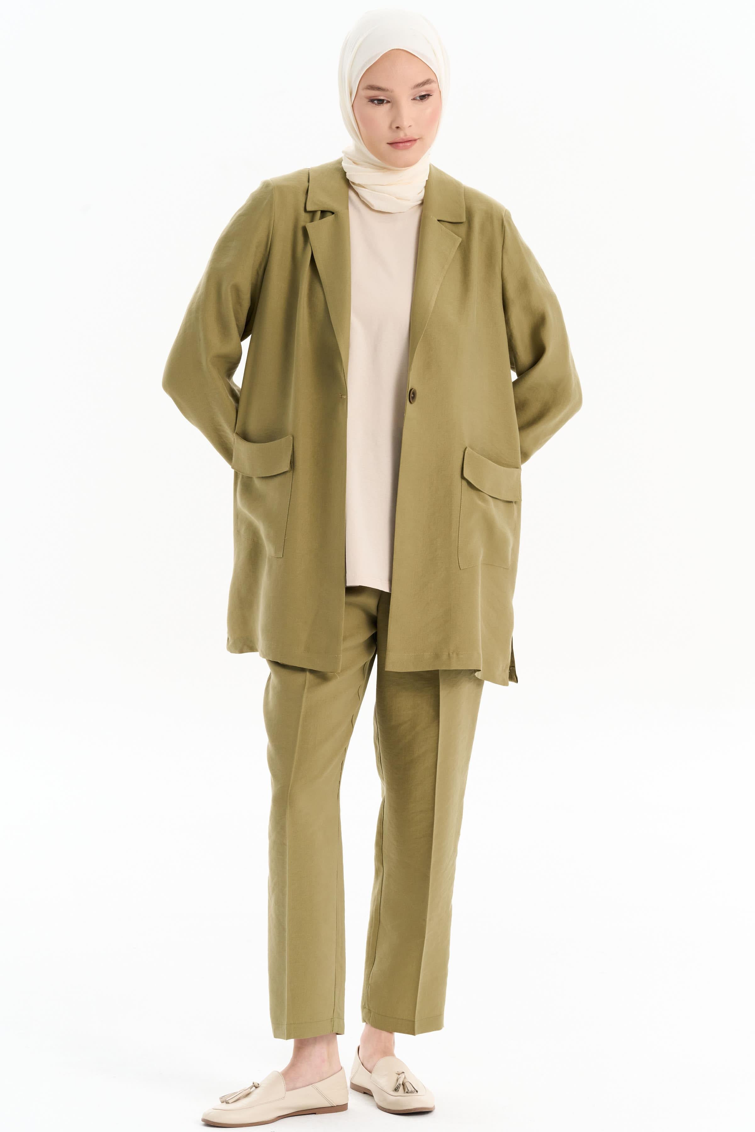 Pile Detaylı Cepli Pantolon - Olive TUGBA