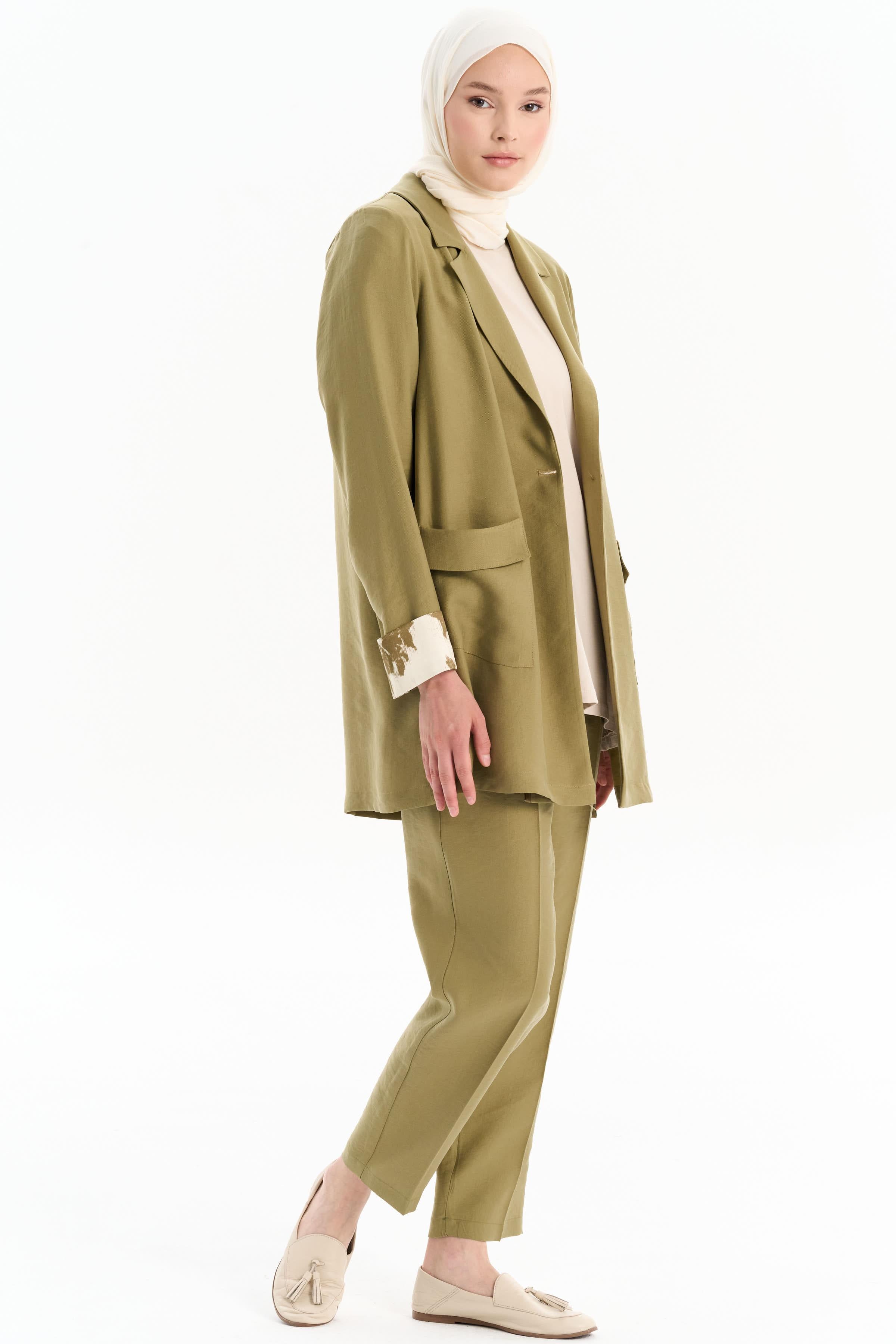 Pile Detaylı Cepli Pantolon - Olive TUGBA