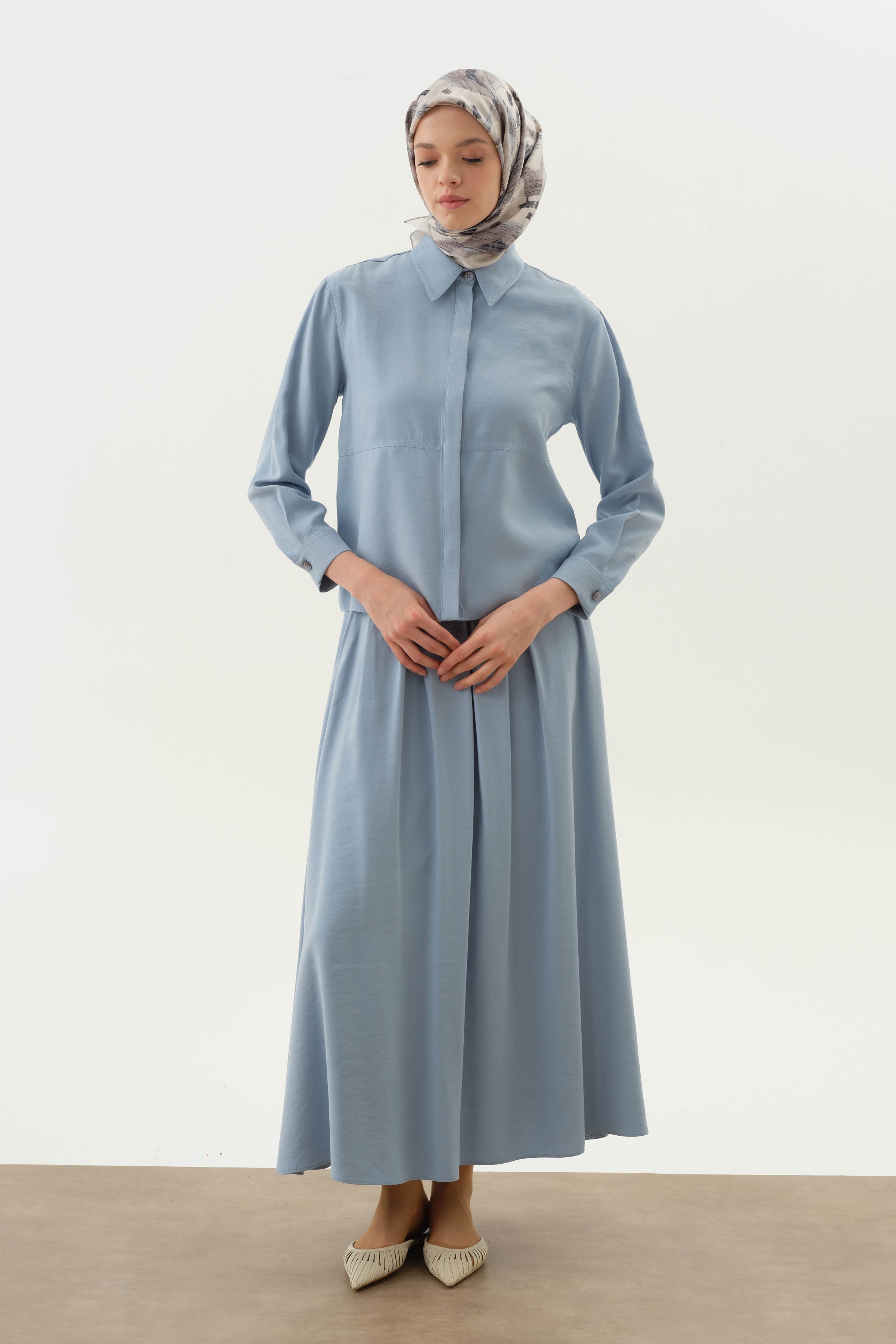 Pile Detaylı Gömlek Etek Takım - Aqua TUGBA