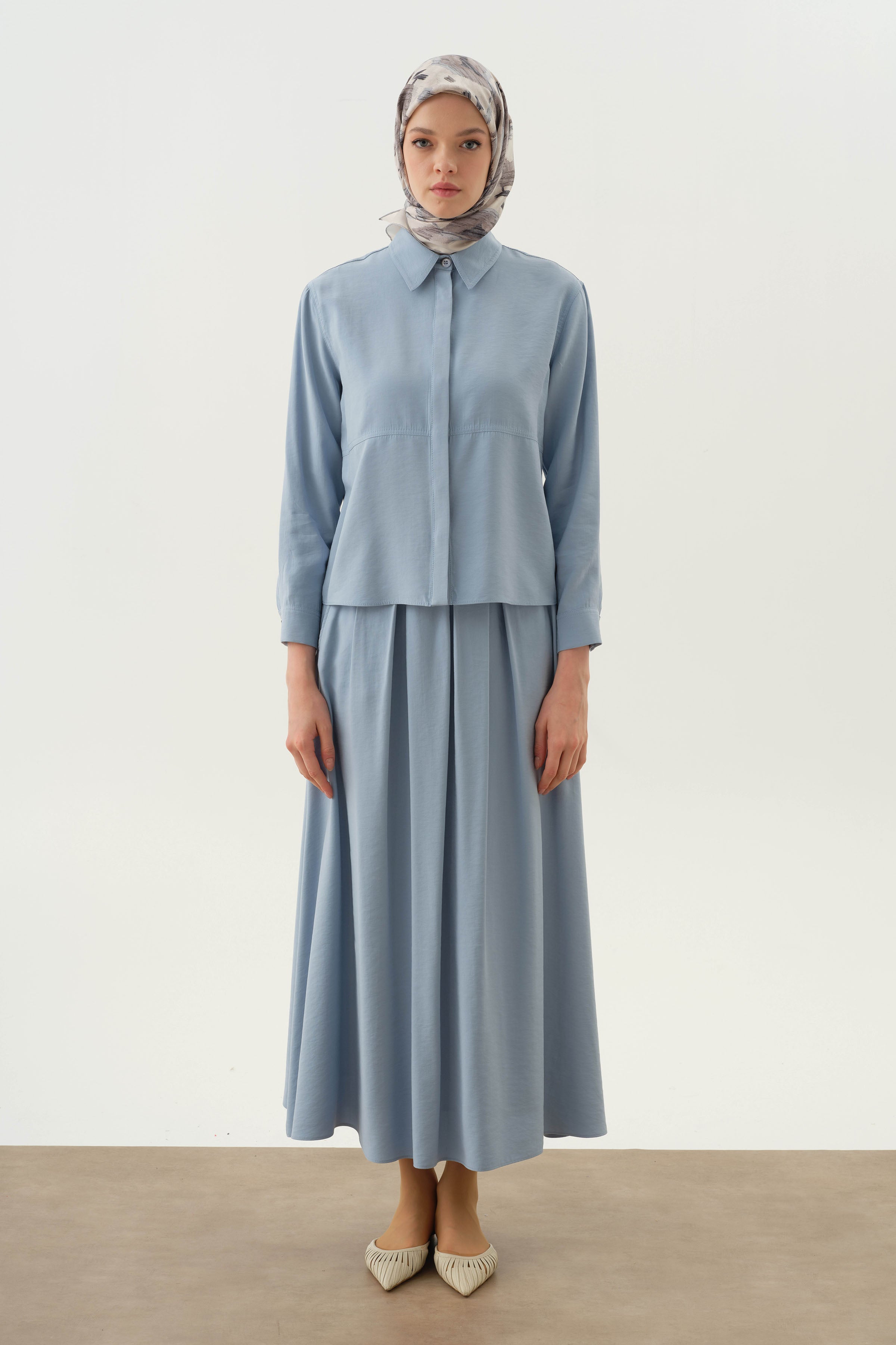 Pile Detaylı Gömlek Etek Takım - Aqua TUGBA