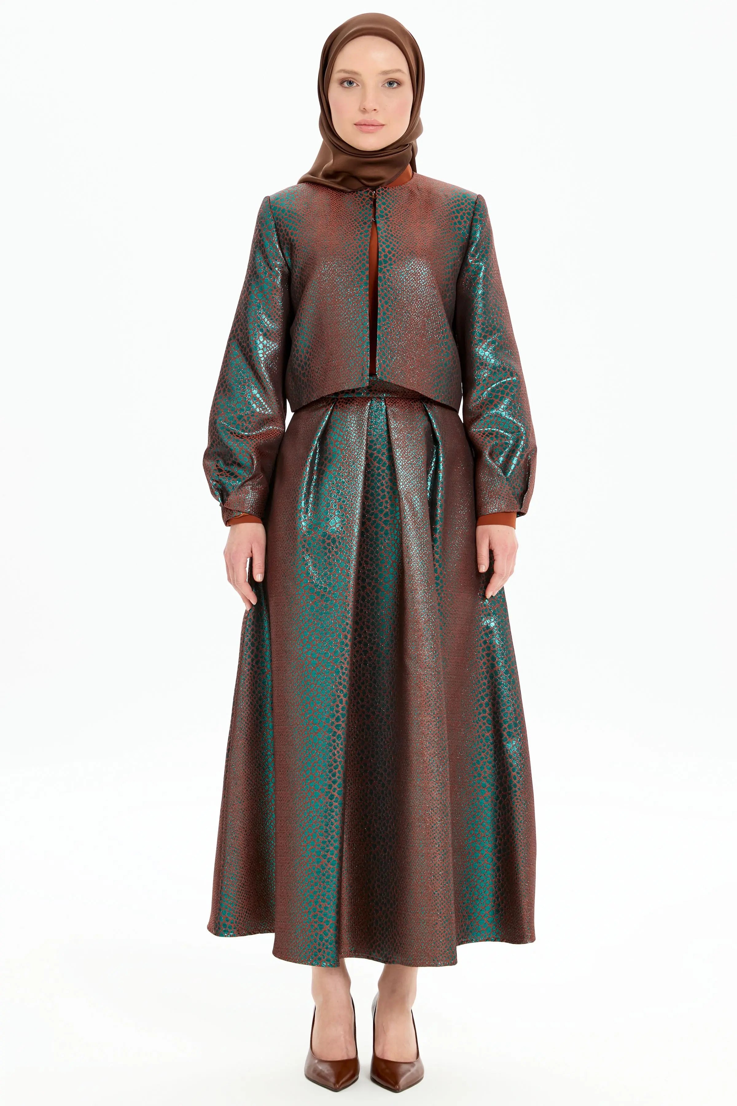 Pile Detaylı Jakar Ceket Etek Takım - Yeşil TUGBA