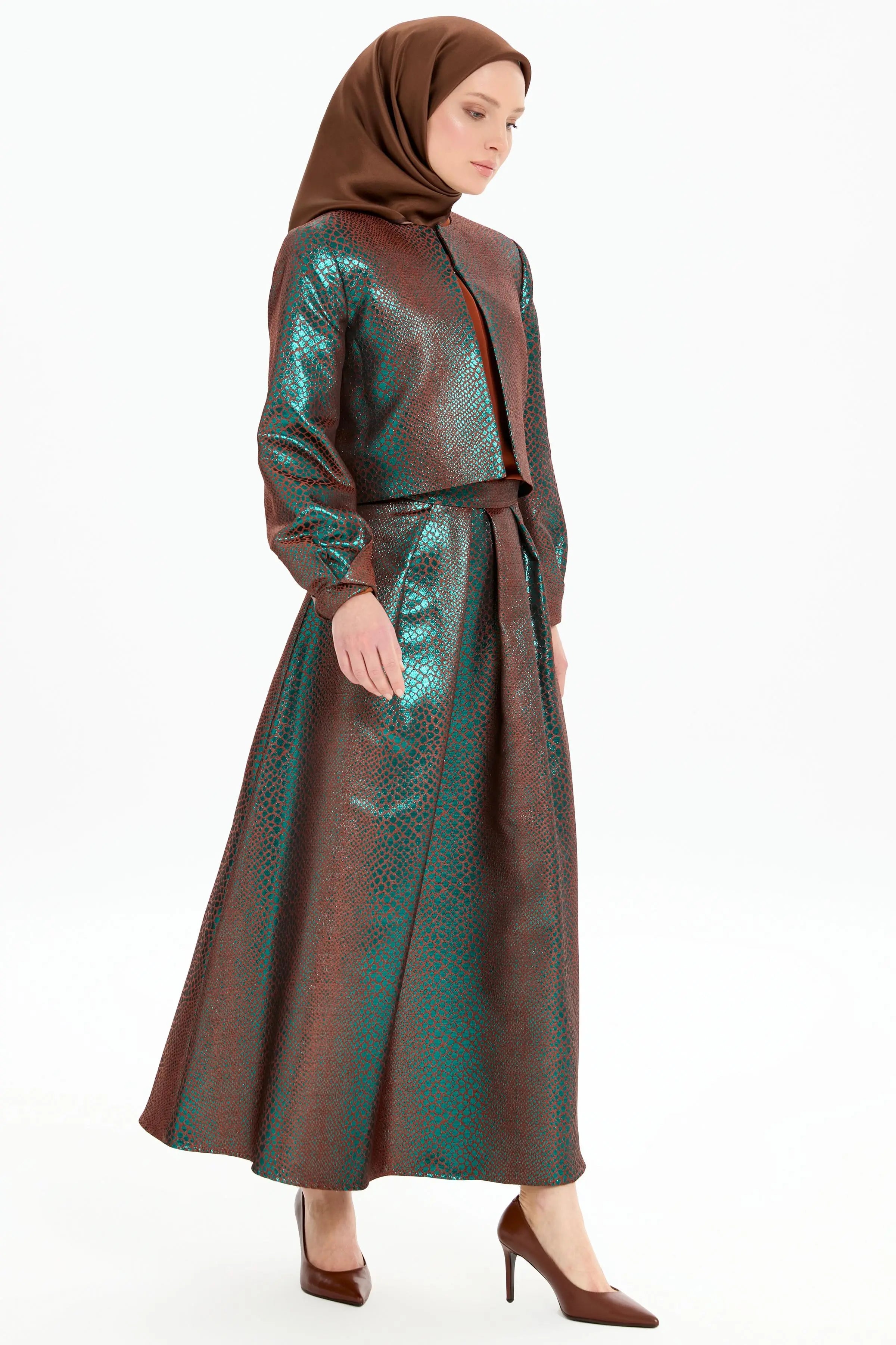 Pile Detaylı Jakar Ceket Etek Takım - Yeşil TUGBA