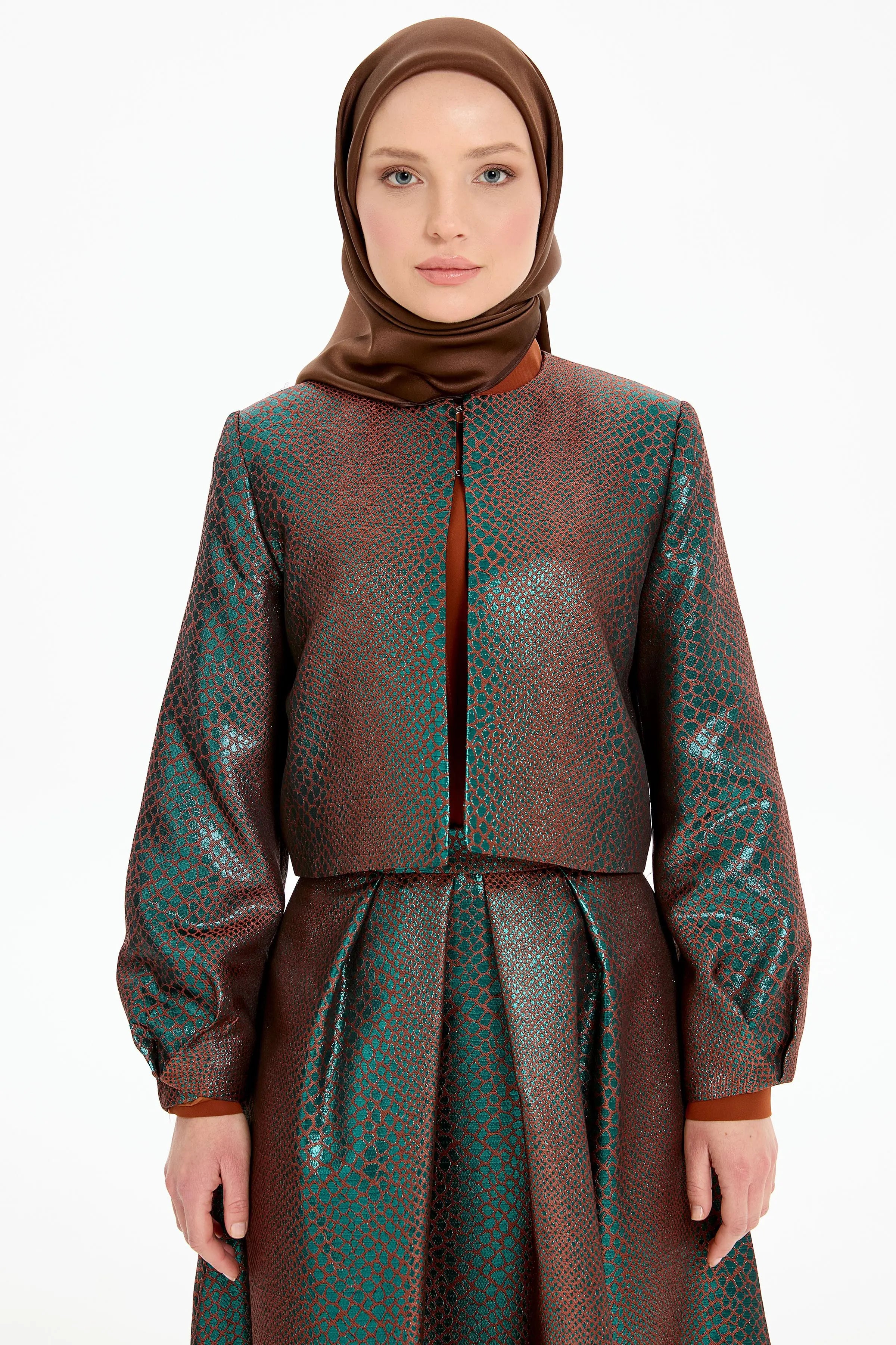 Pile Detaylı Jakar Ceket Etek Takım - Yeşil TUGBA