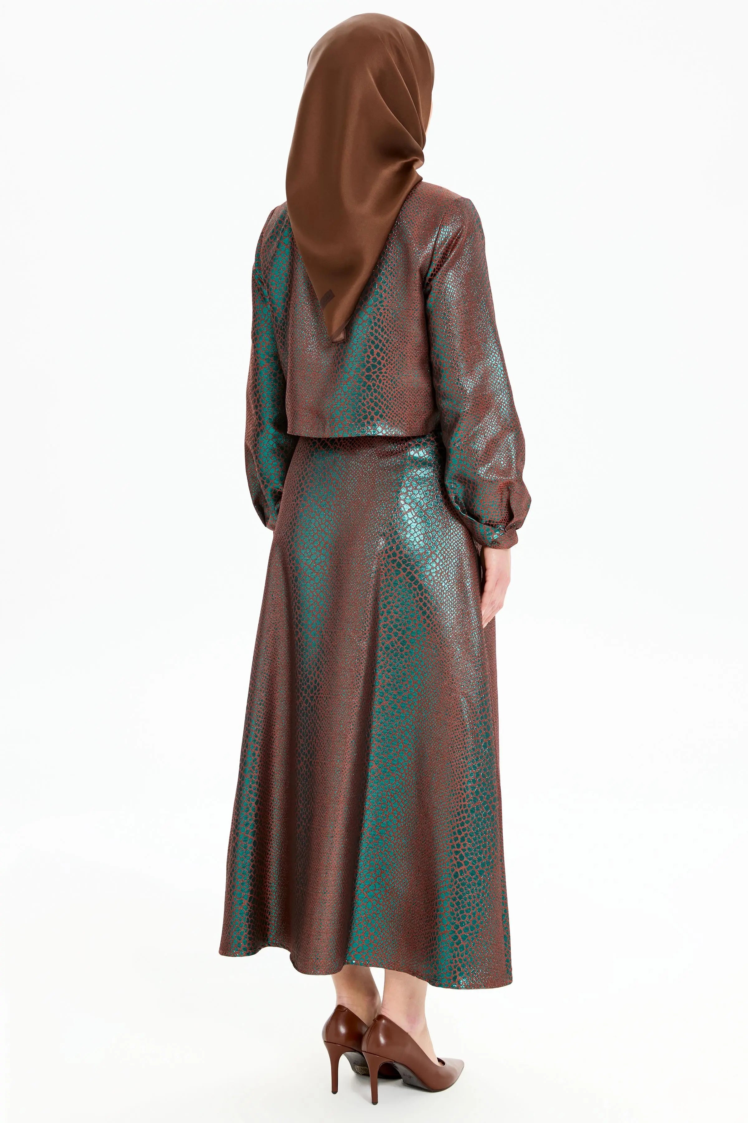 Pile Detaylı Jakar Ceket Etek Takım - Yeşil TUGBA