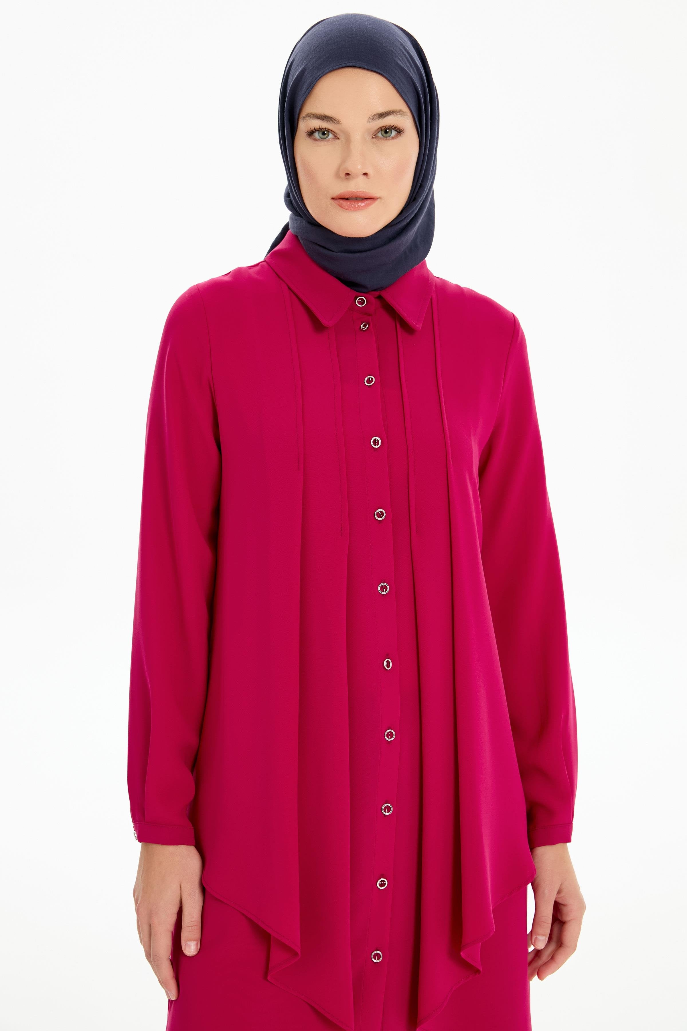 Pile Detaylı Katlı Tunik - Fuşya TUGBA