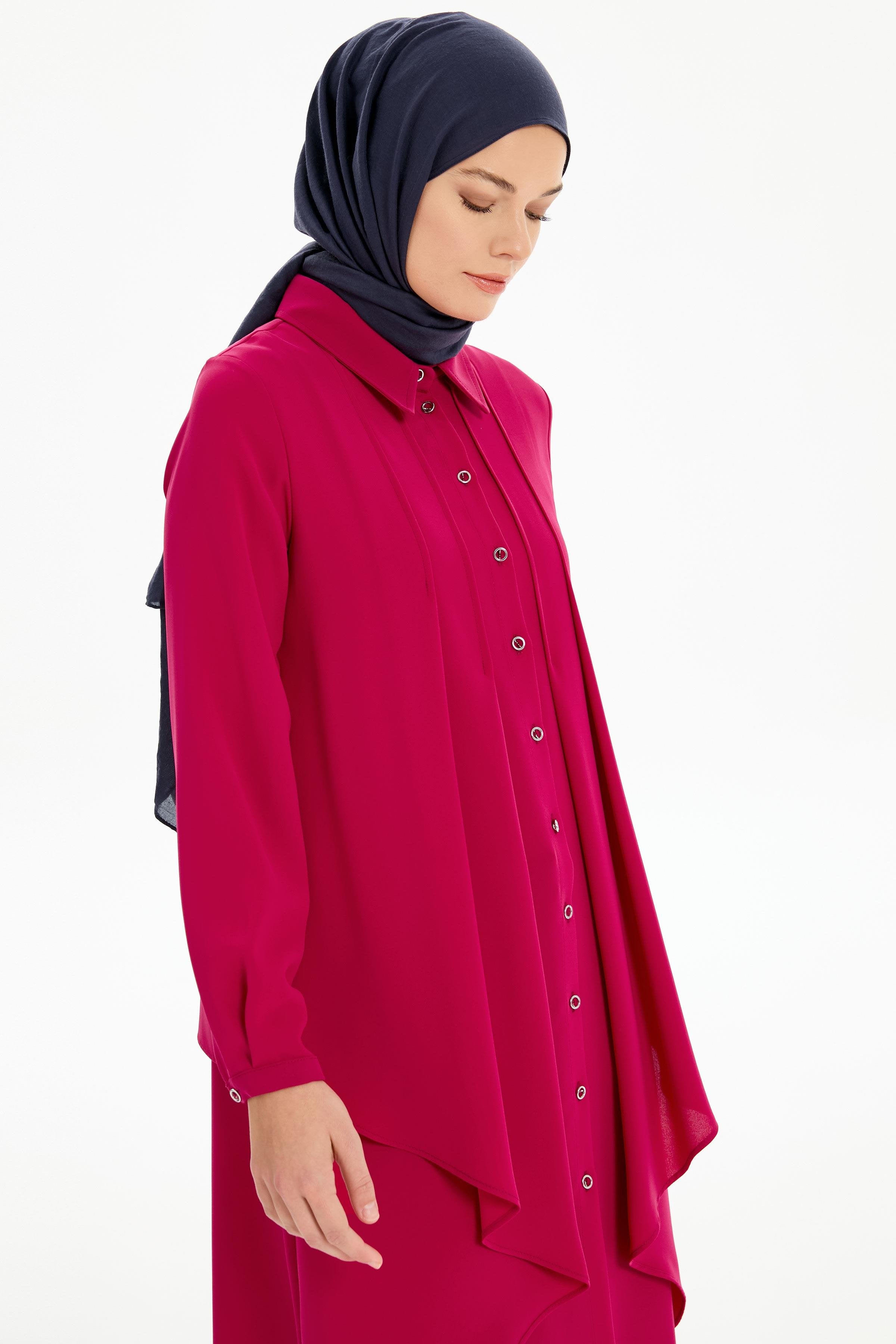 Pile Detaylı Katlı Tunik - Fuşya TUGBA