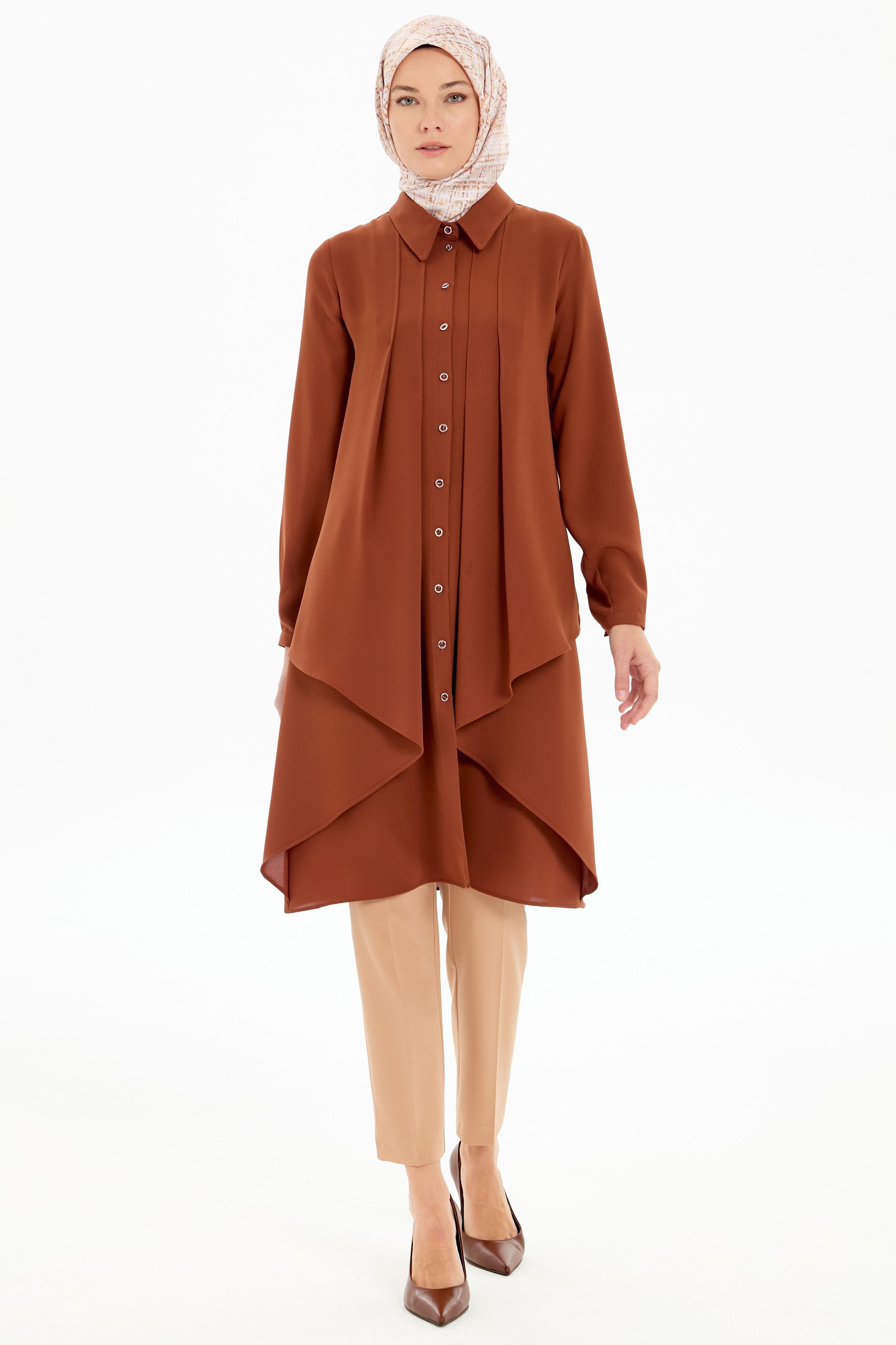 Pile Detaylı Katlı Tunik - Kahve TUGBA