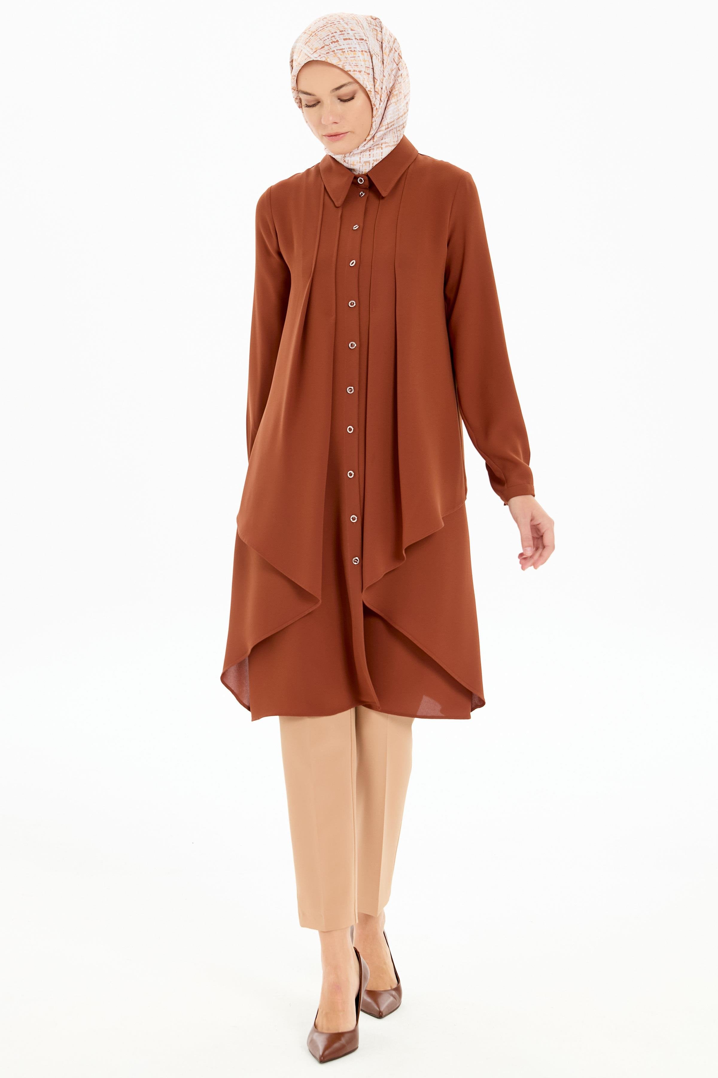 Pile Detaylı Katlı Tunik - Kahve TUGBA