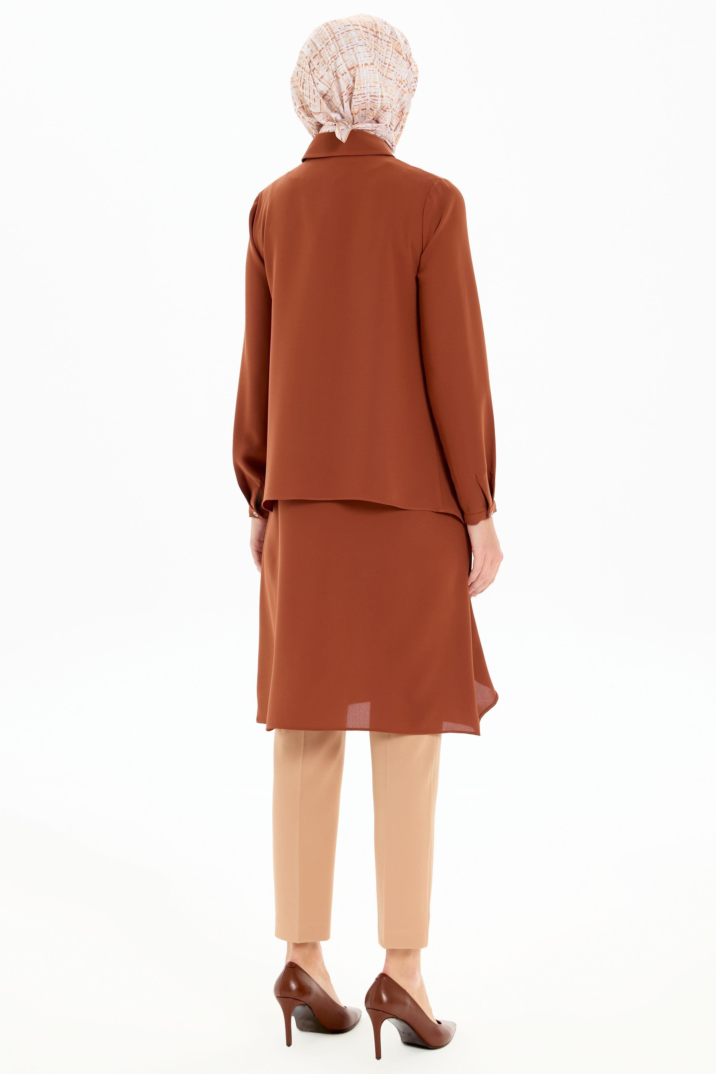 Pile Detaylı Katlı Tunik - Kahve TUGBA