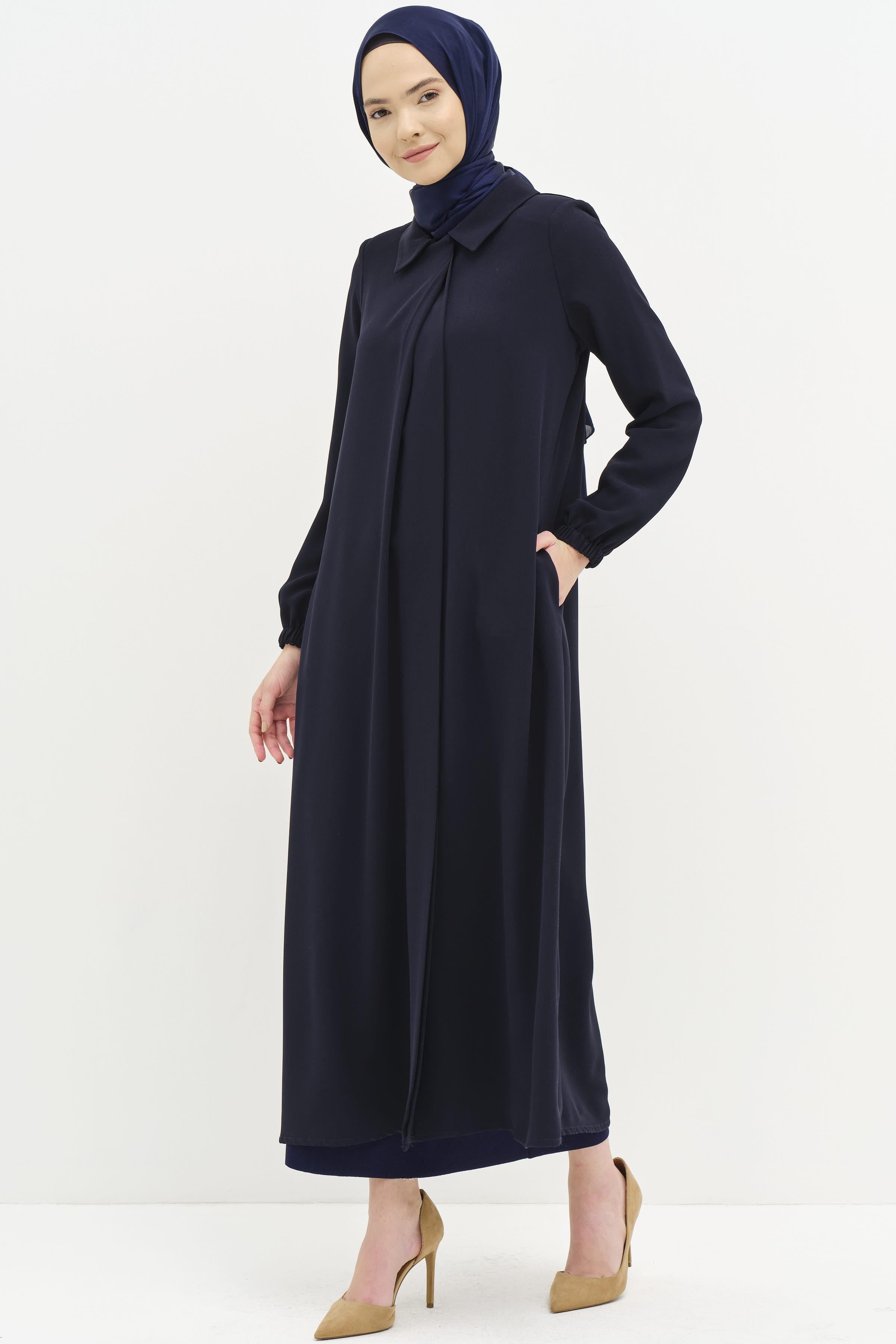 Pile Detaylı Kol Lastikli Ferace - Lacivert TUGBA