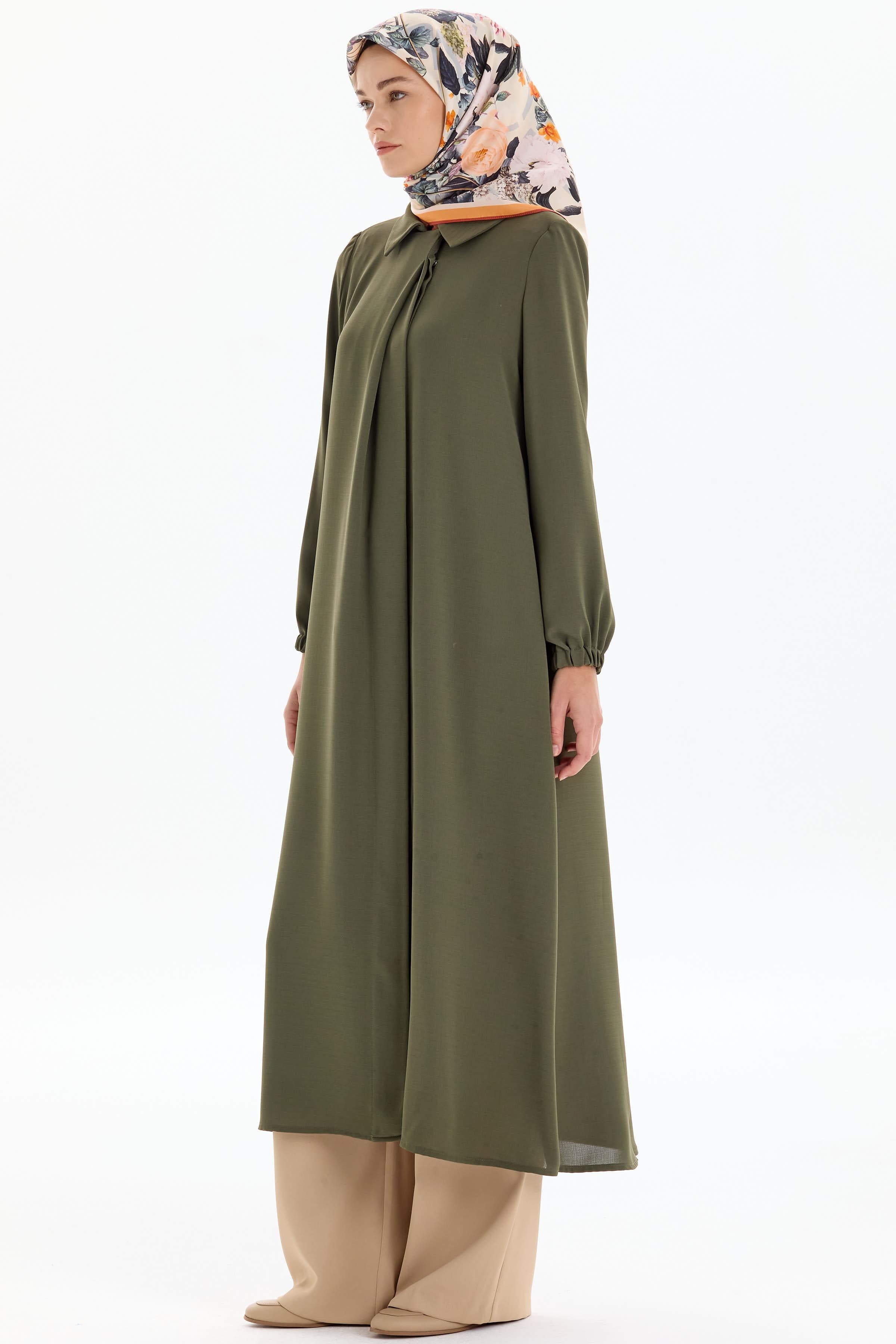 Pile Detaylı Kol Lastikli Ferace - Yeşil TUGBA