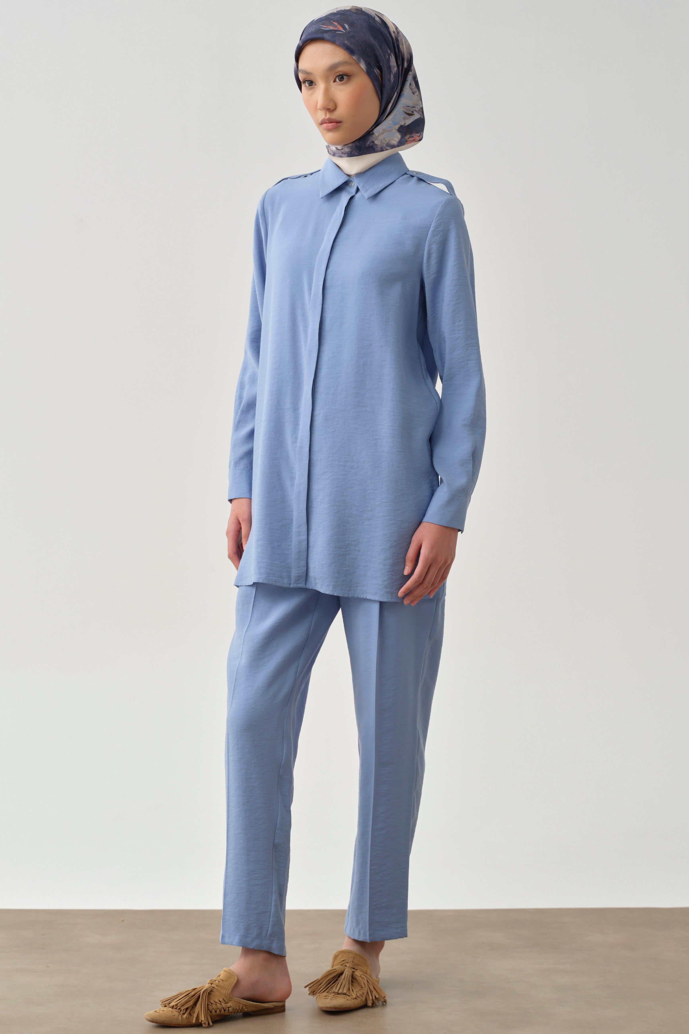 Pile Detaylı Pantolon - Mavi TUGBA