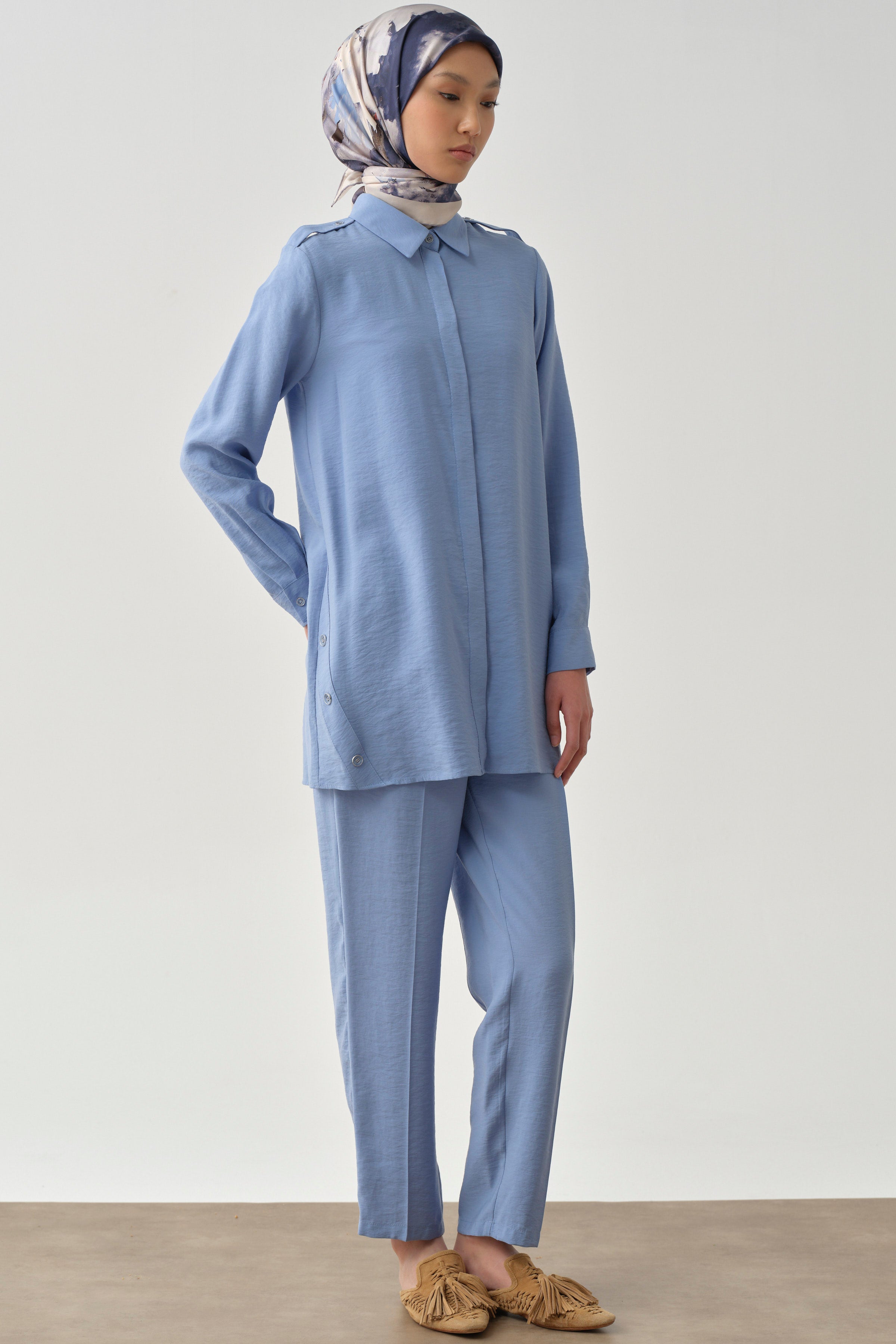 Pile Detaylı Pantolon - Mavi TUGBA