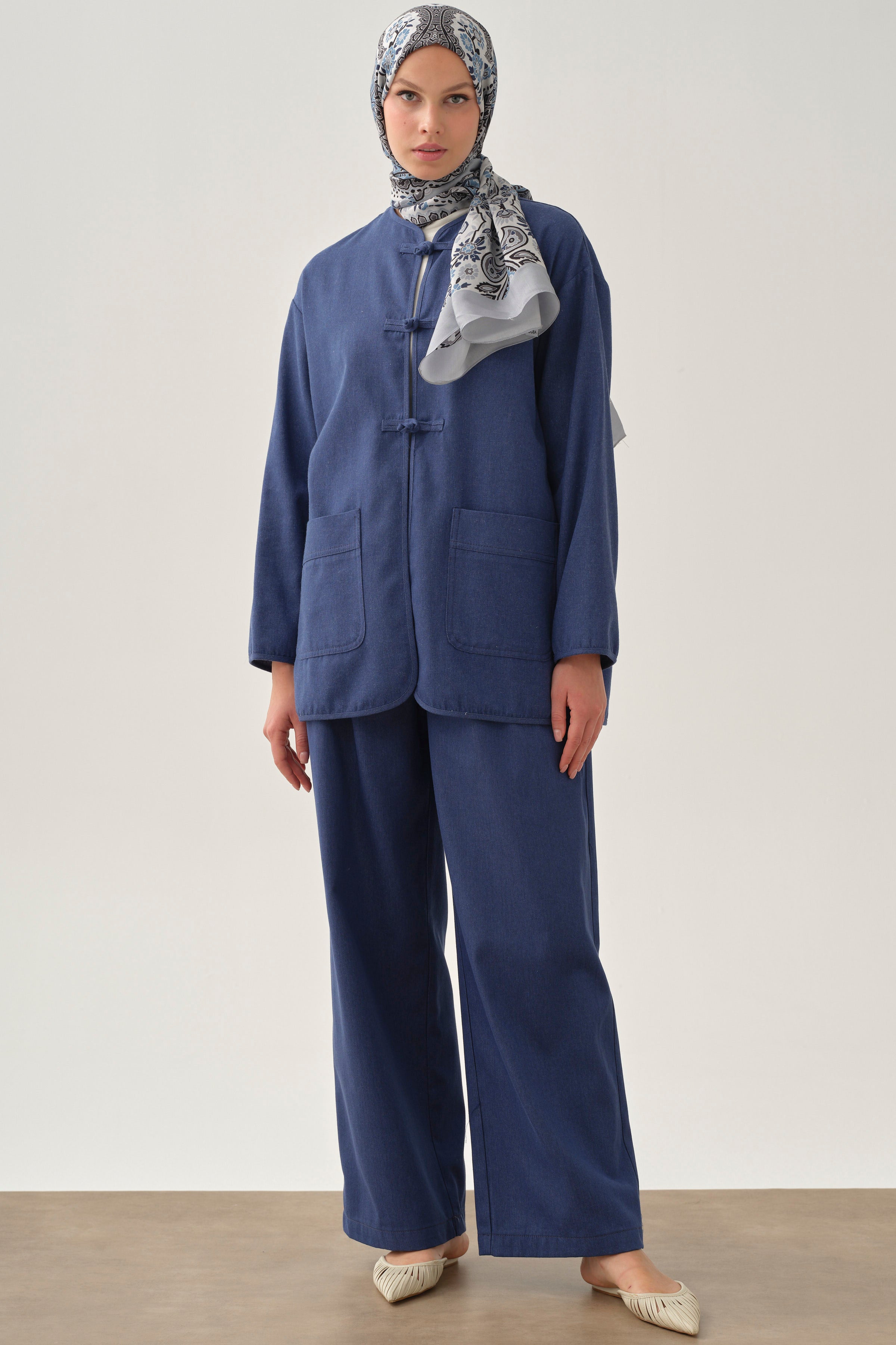 Pileli Denim Pantolon - İndigo TUGBA