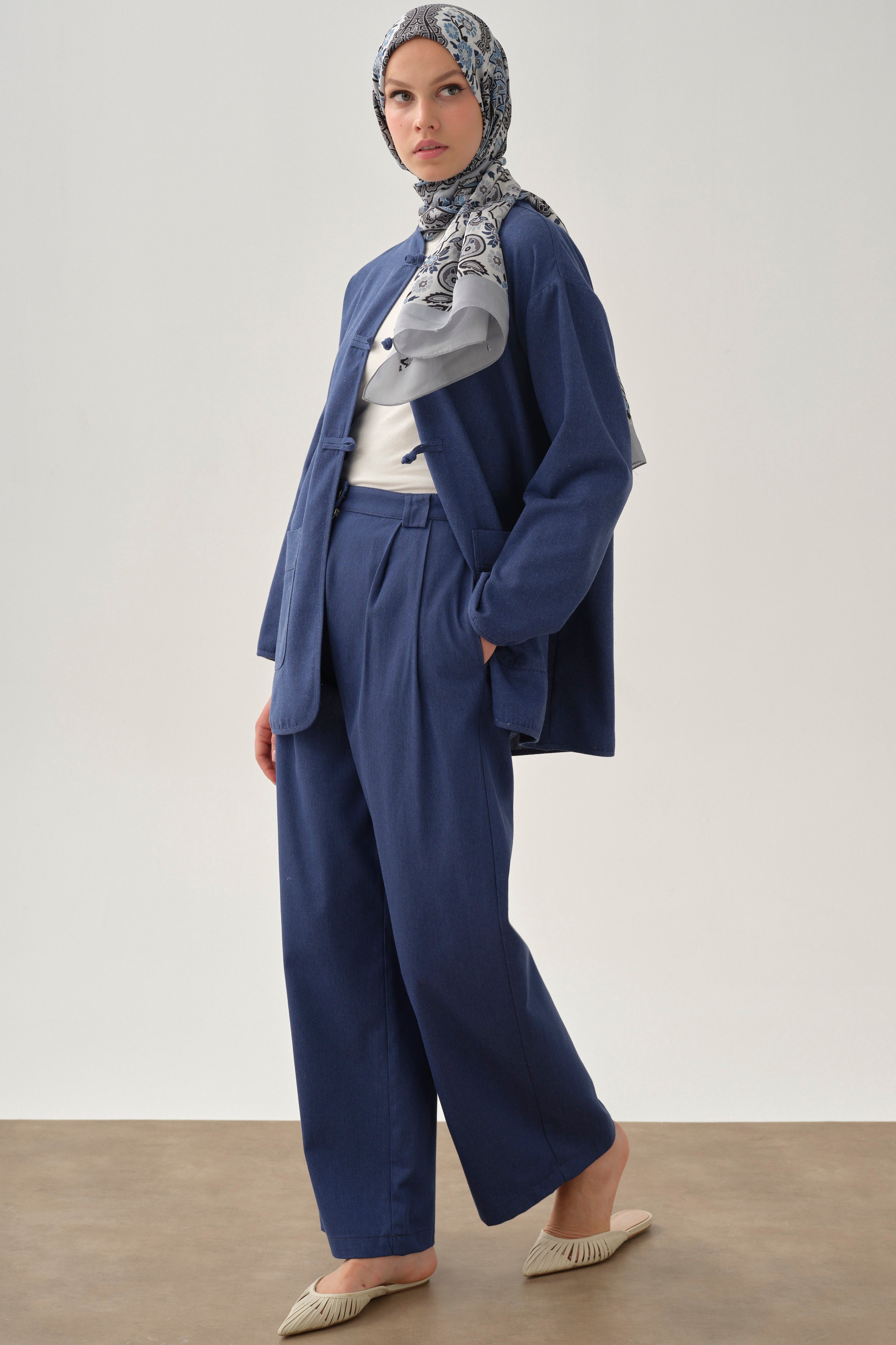 Pileli Denim Pantolon - İndigo TUGBA