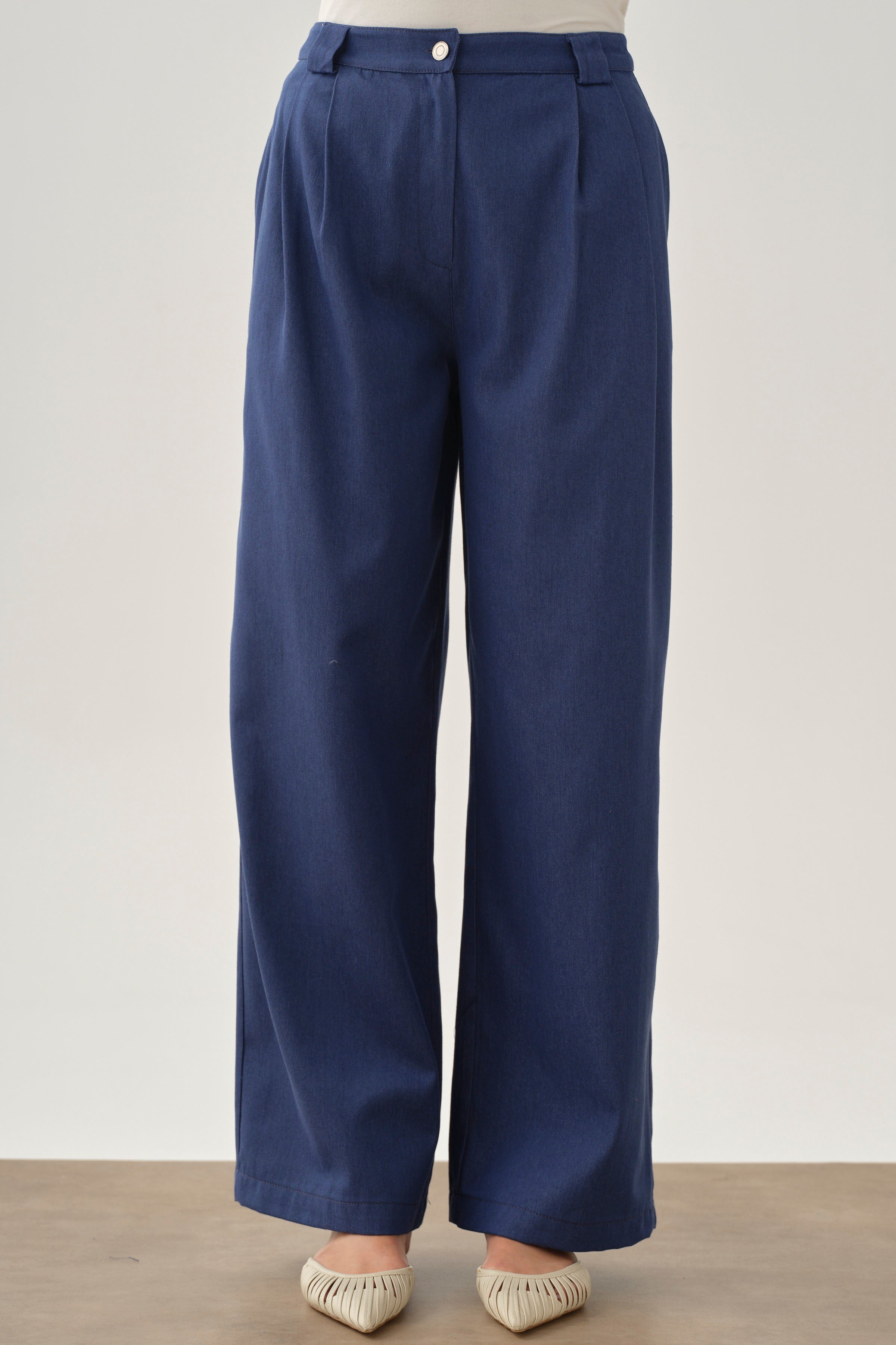 Pileli Denim Pantolon - İndigo TUGBA