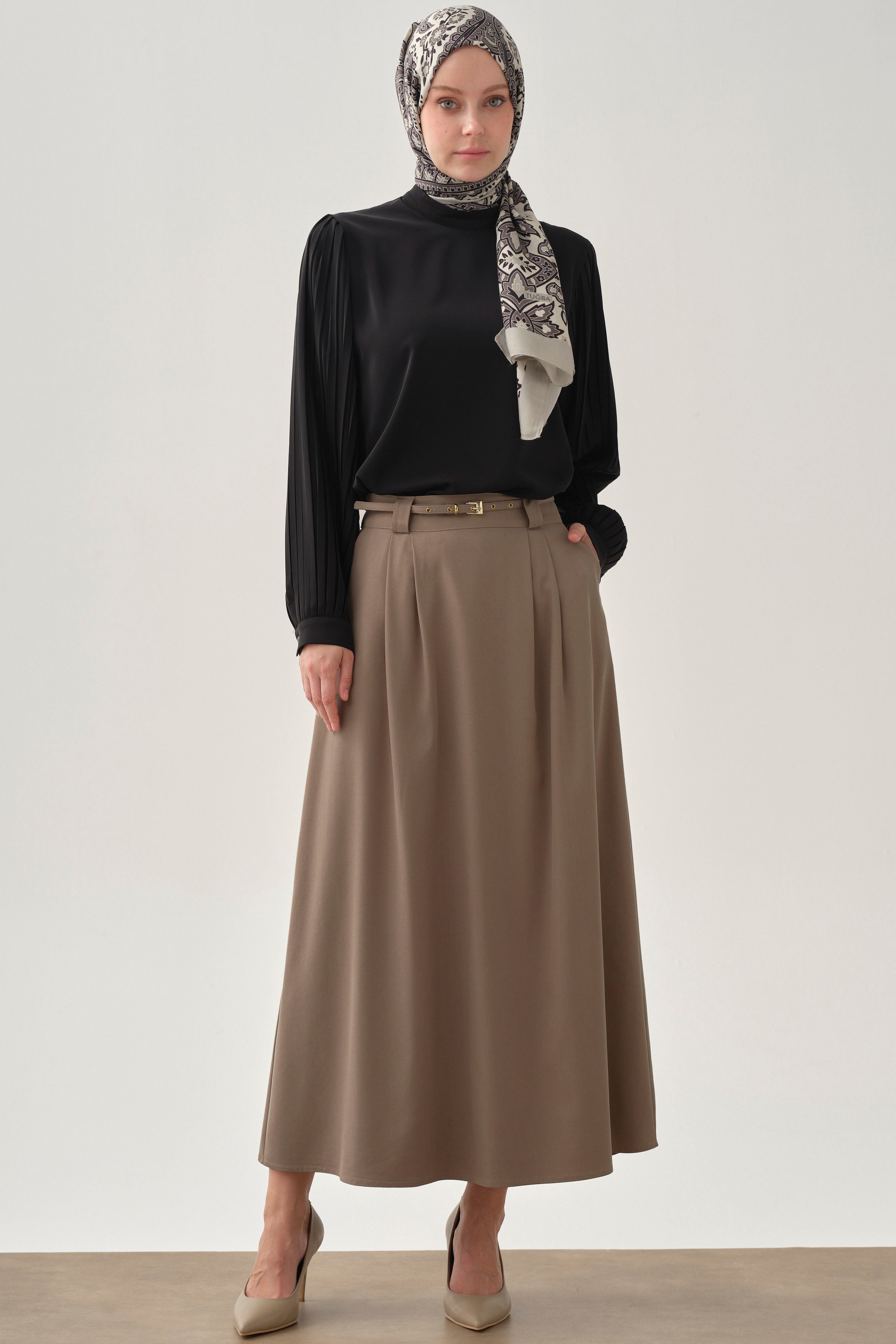 Pileli İnce Kemerli Etek - Vizon TUGBA