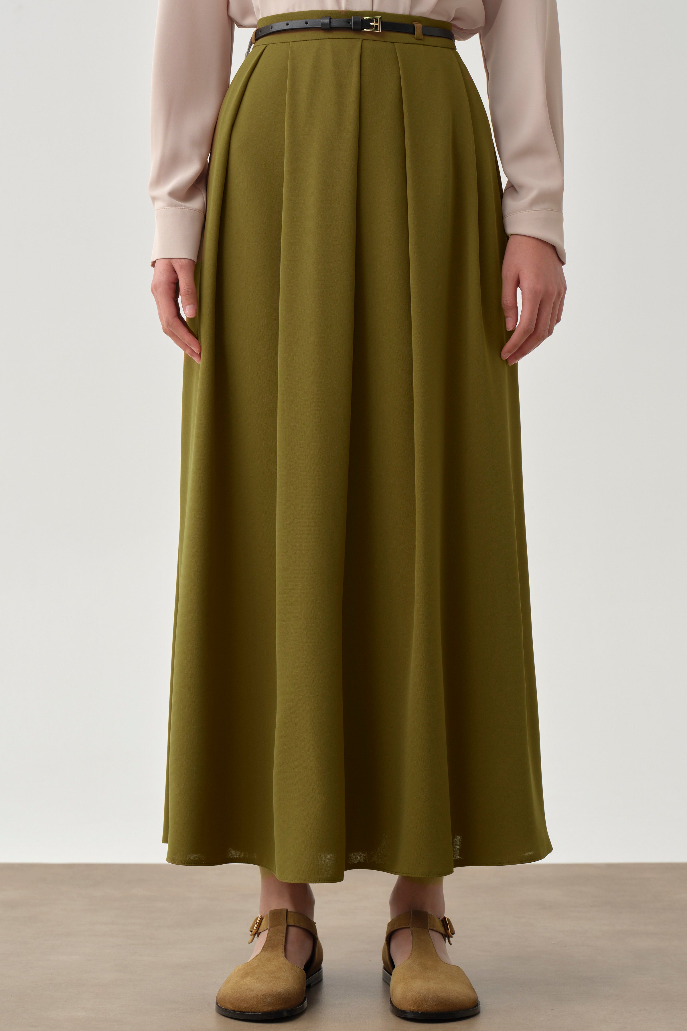 Pileli Kemerli Etek - Olive TUGBA