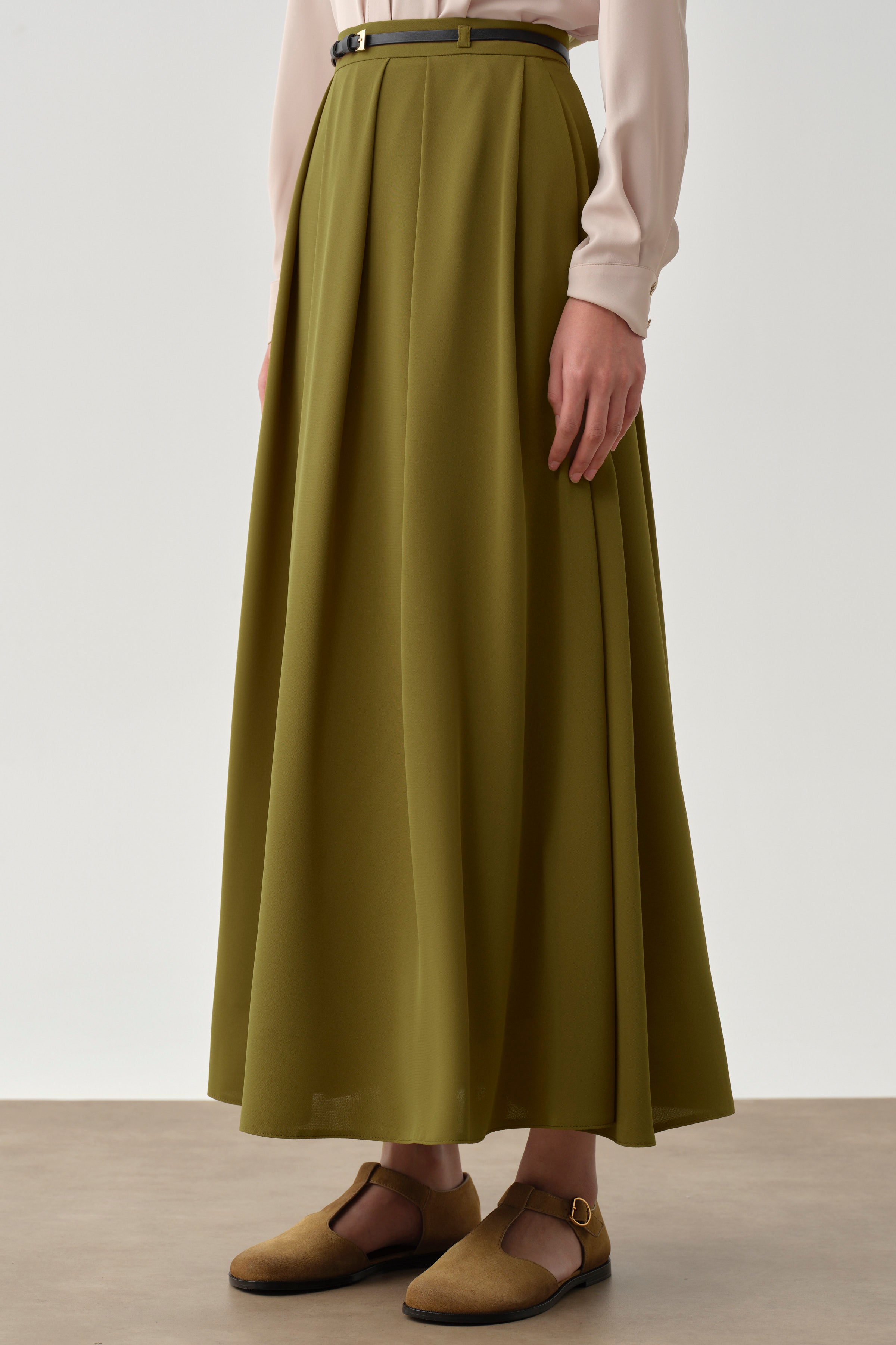 Pileli Kemerli Etek - Olive TUGBA