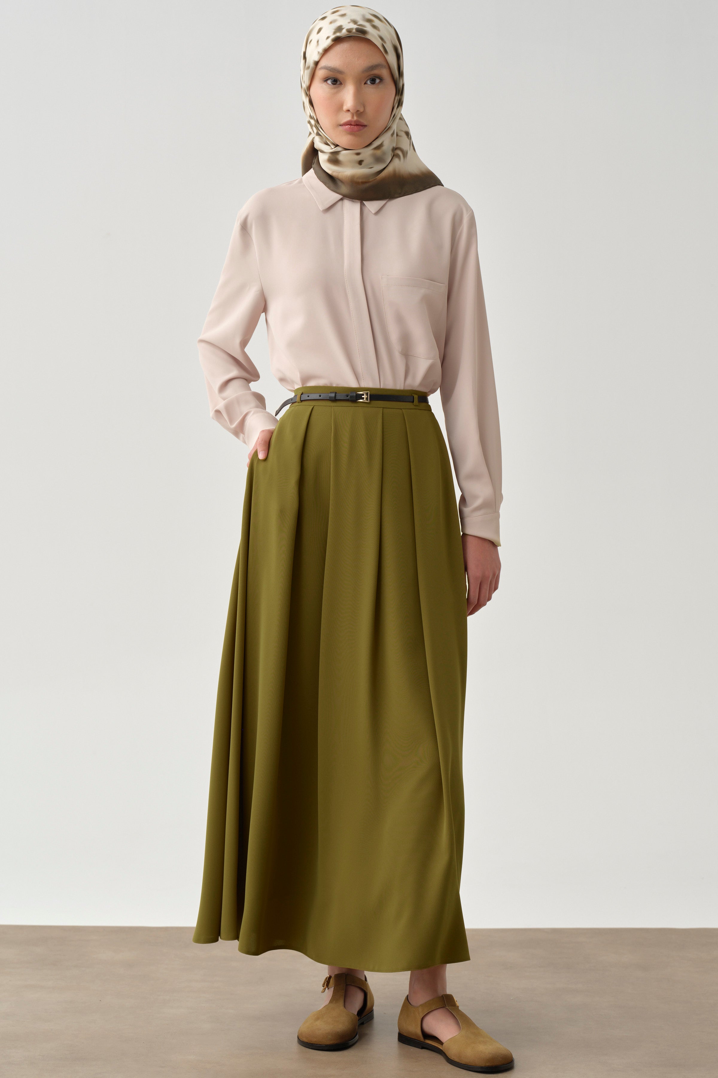 Pileli Kemerli Etek - Olive TUGBA