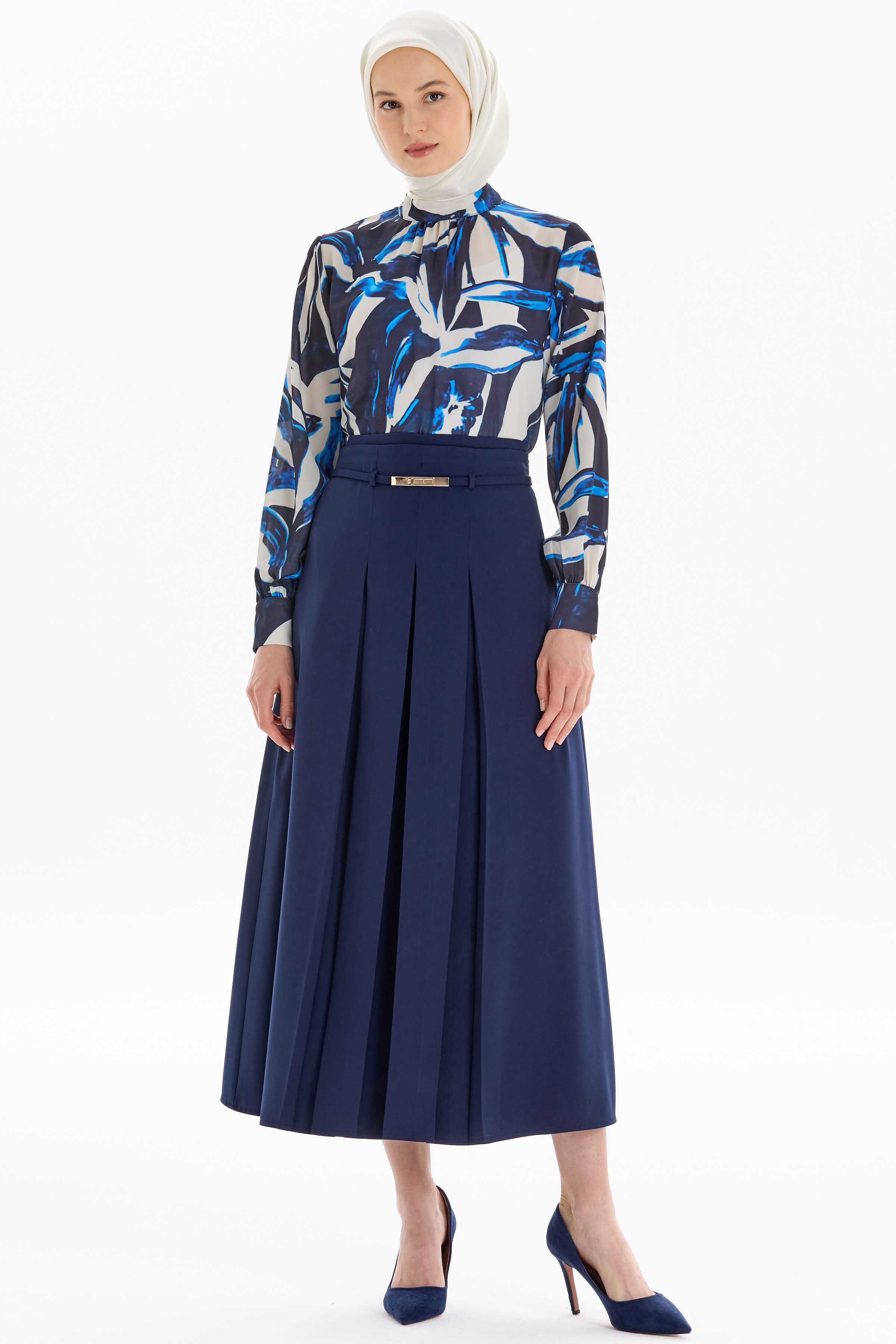 Pilikaşeli Kemer Detaylı Etek - Lacivert TUGBA